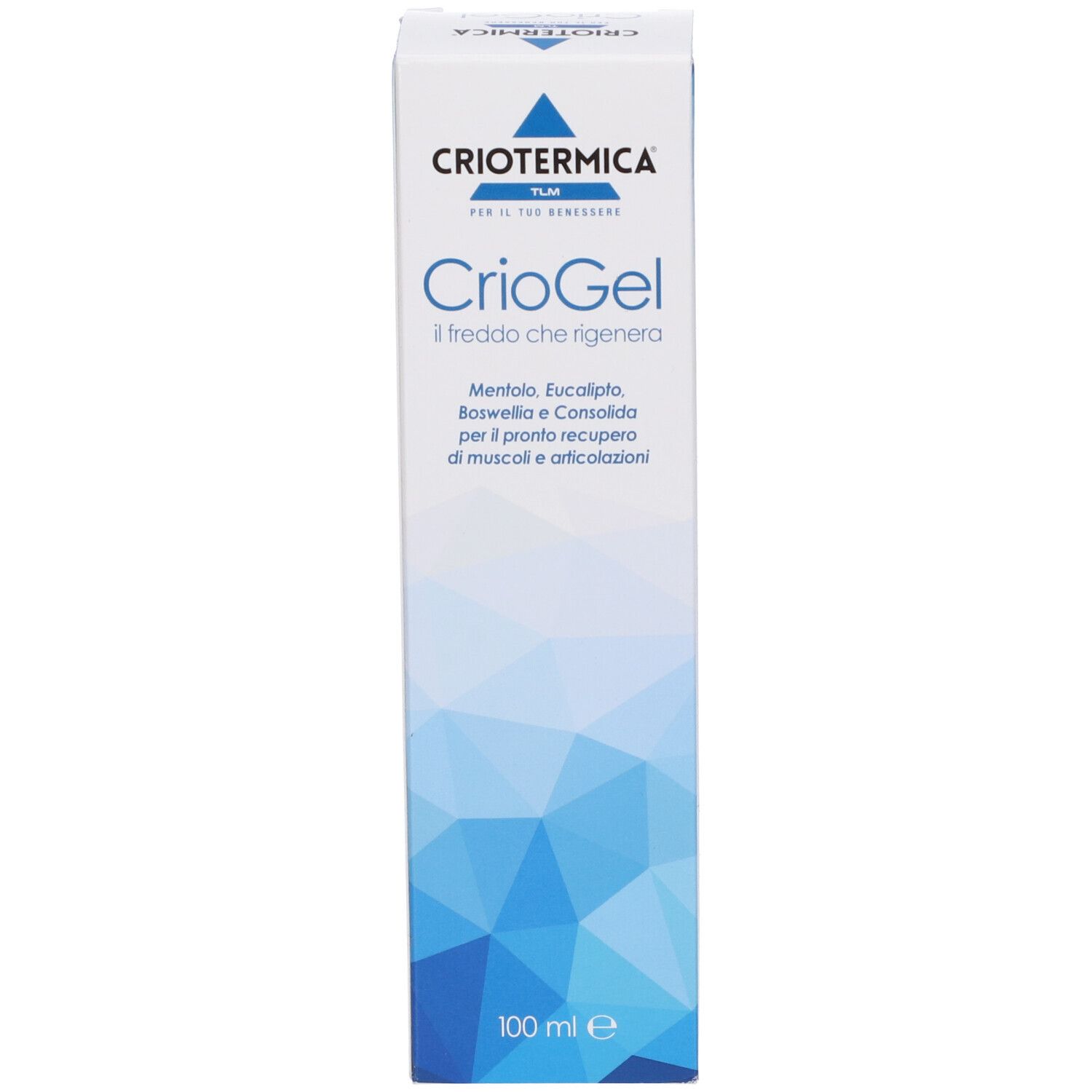Scatola Criotermica CrioGel. Scritta: 'Il freddo che rigenera'. Motivi geometrici blu. Informazioni sul prodotto.