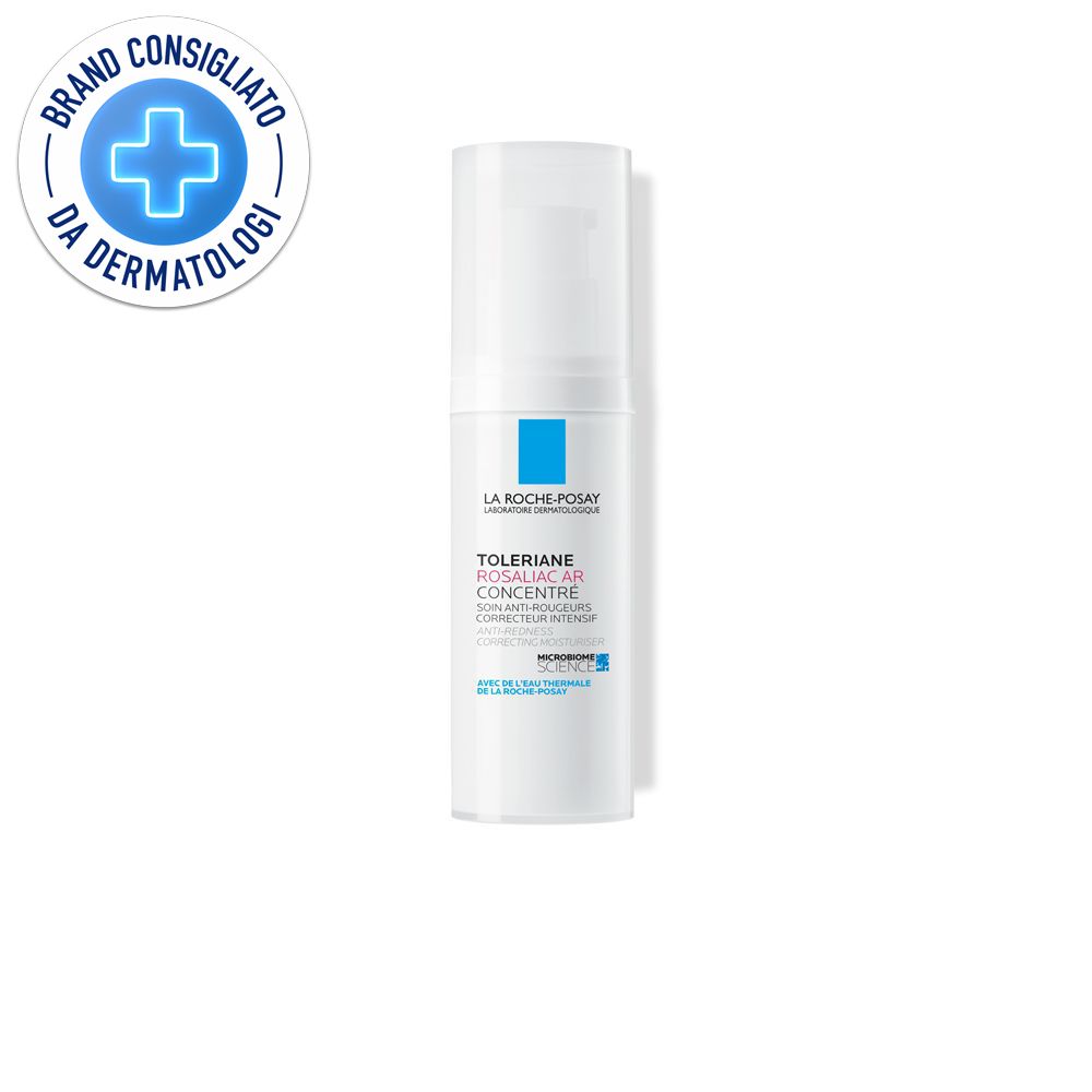 Flacone bianco con quadrato blu e testo. Adesivo: Brand Consigliato da Dermatologi.