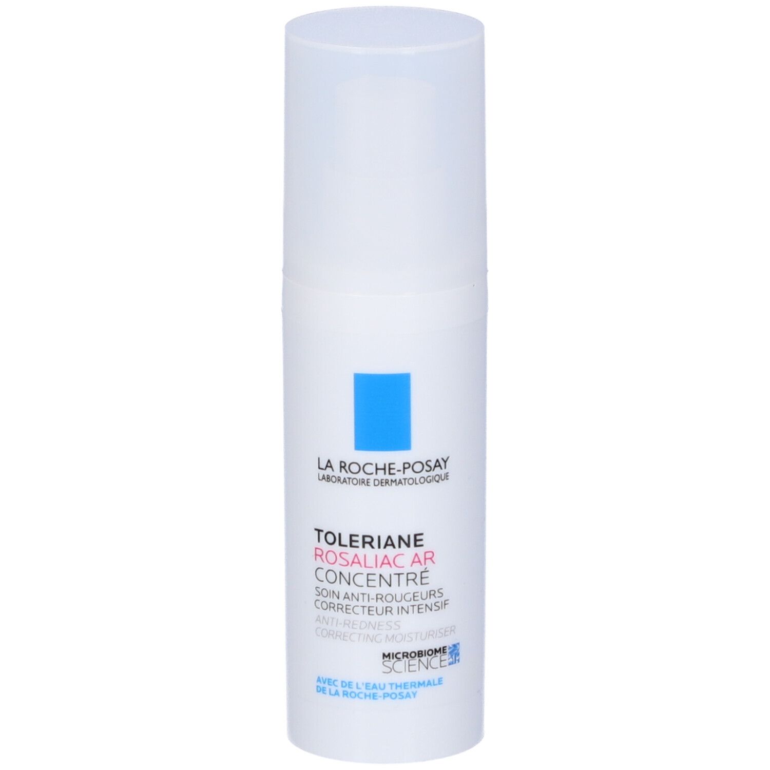 Flacone bianco con quadrato blu e testo. Prodotto: Toleriane Rosaliac AR Concentrate.