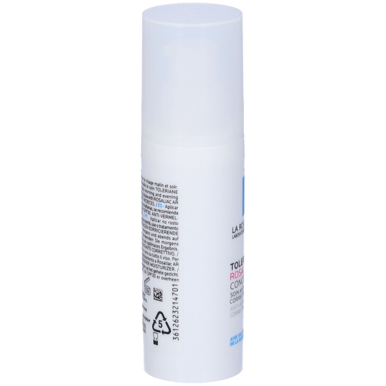 Flacone bianco con testo. Prodotto: Toleriane Rosaliac AR Concentrate. Retro con testo.