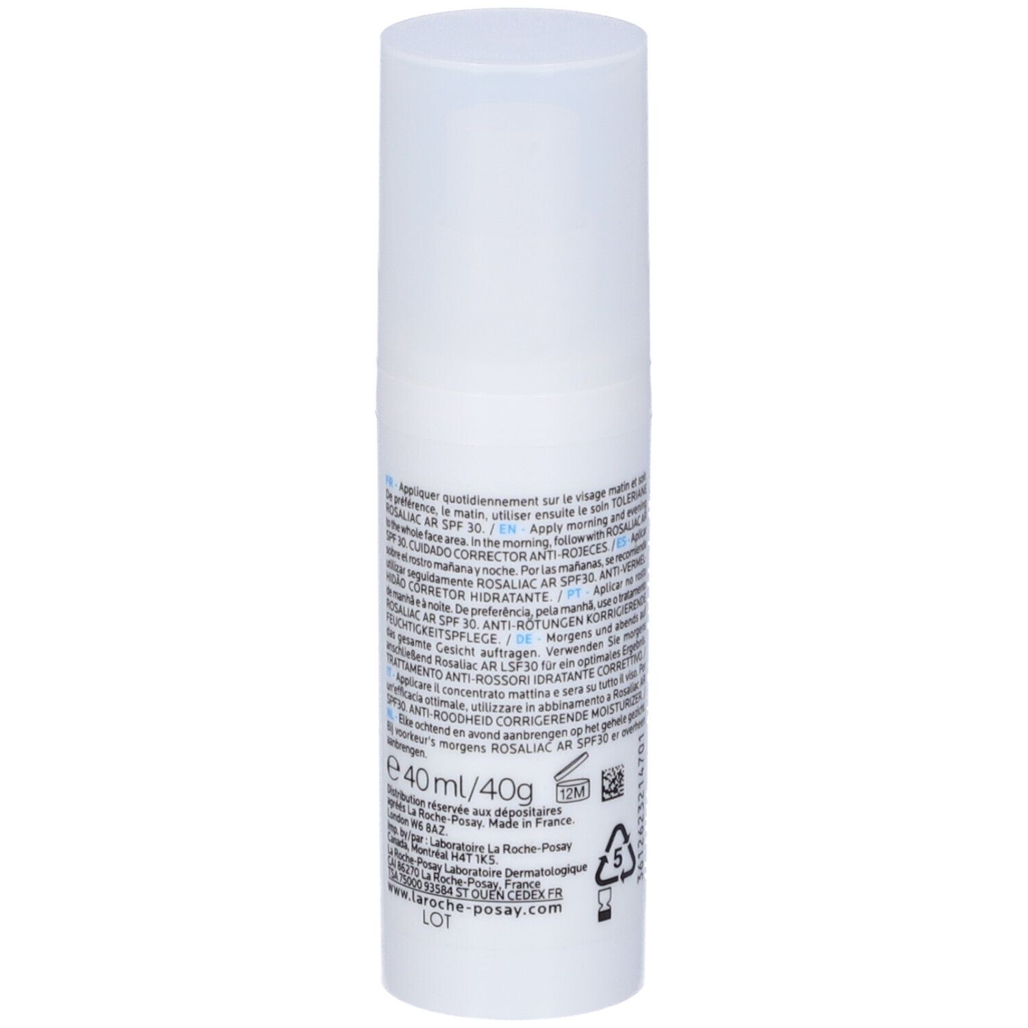 Flacone bianco con testo. Prodotto: Toleriane Rosaliac AR Concentrate. Retro con testo.