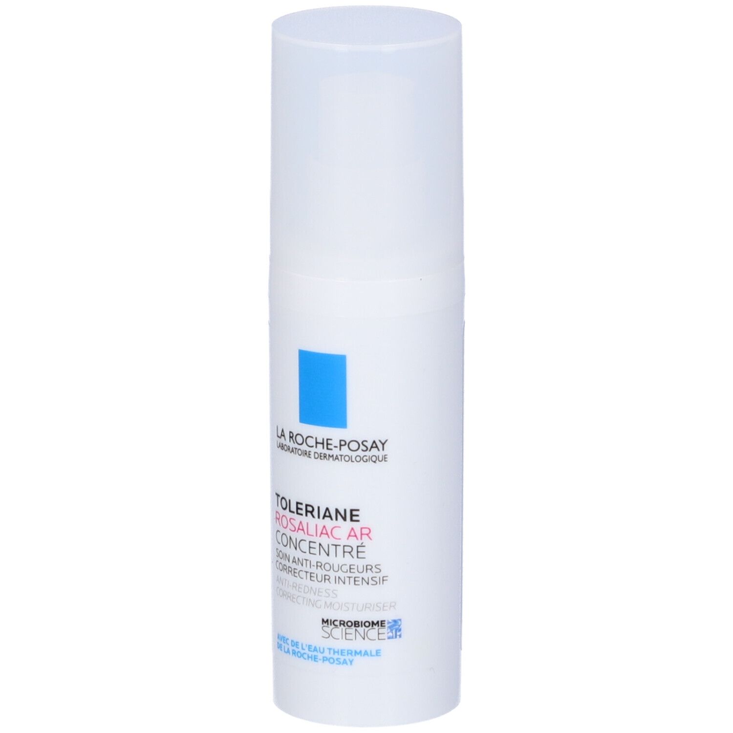 Flacone bianco con quadrato blu e testo. Prodotto: Toleriane Rosaliac AR Concentrate.