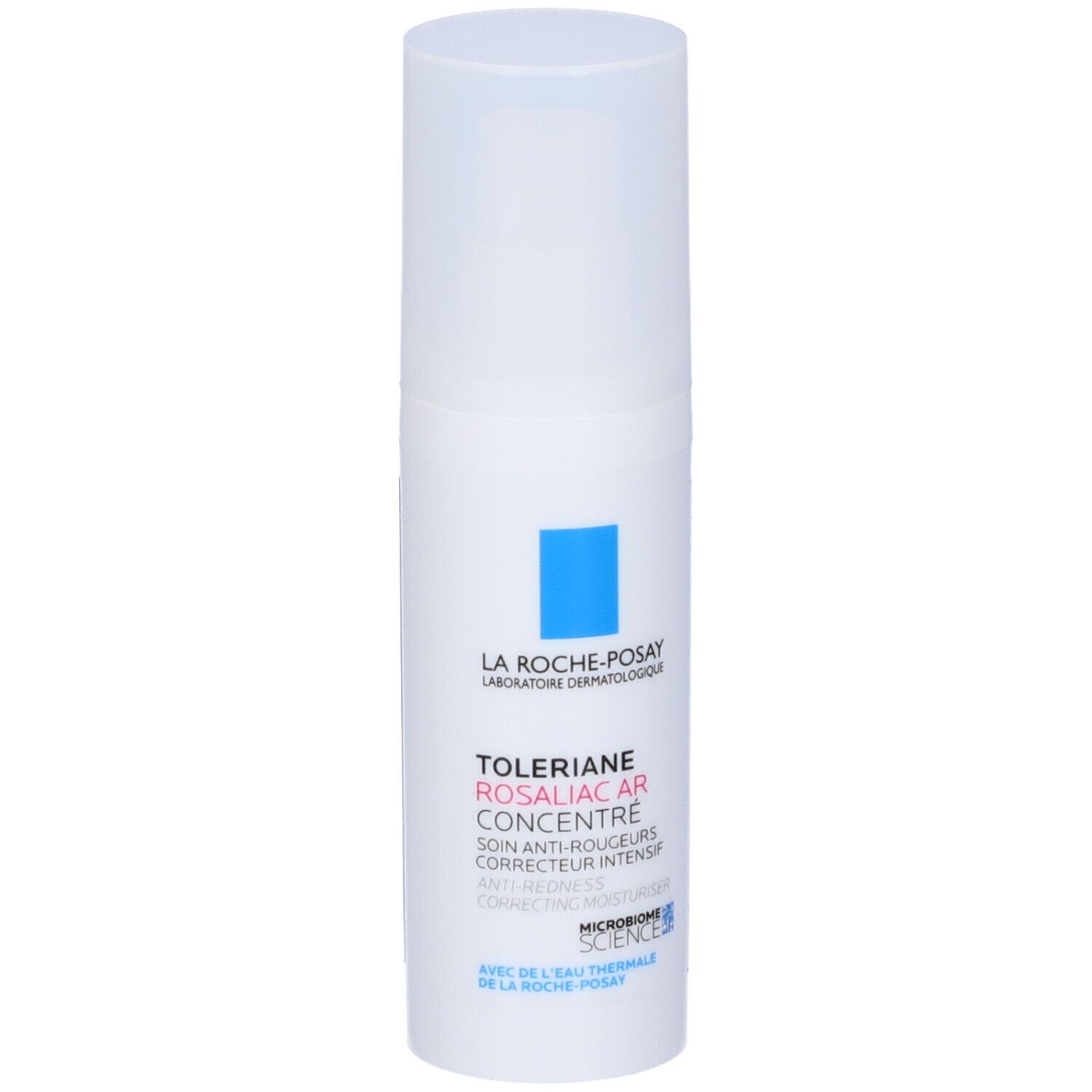 Flacone bianco con quadrato blu e testo. Prodotto: Toleriane Rosaliac AR Concentrate.