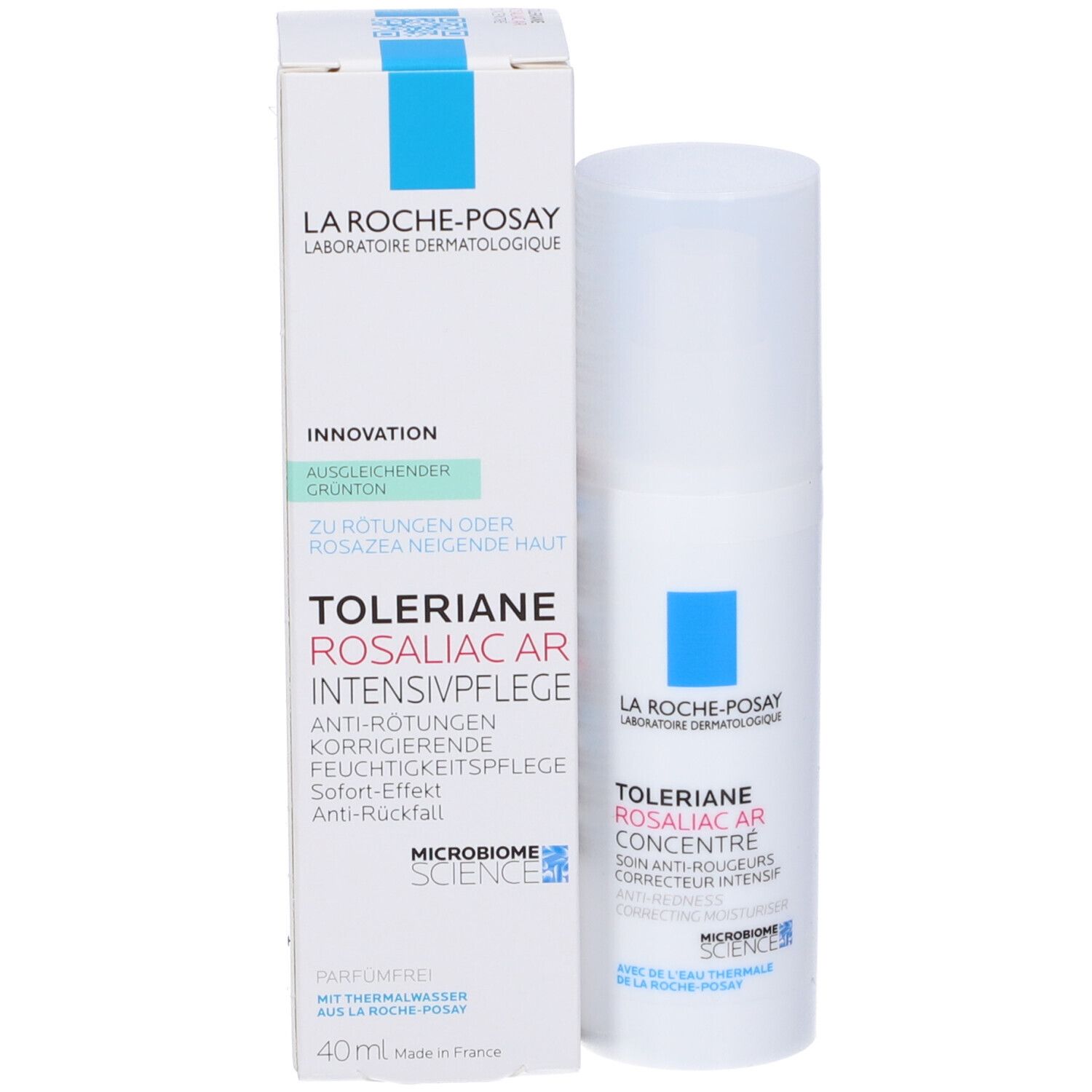 Confezione e flacone del prodotto. Prodotto: Toleriane Rosaliac AR Intensivpflege. 40ml.