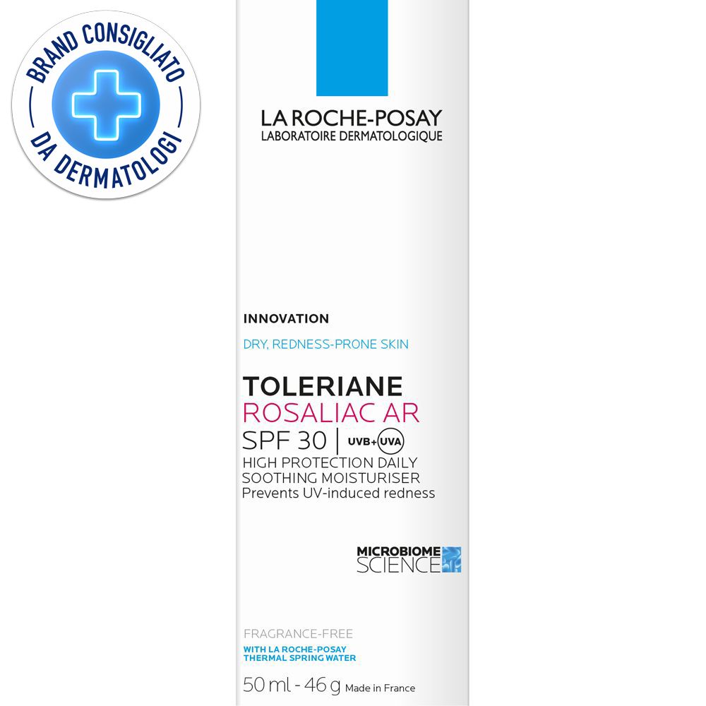 La Roche-Posay Toleriane Rosaliac AR SPF 30. Tubo con testo e logo. Testato dermatologicamente.