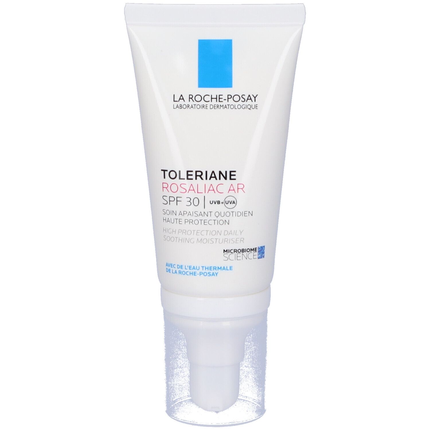 La Roche-Posay Toleriane Rosaliac AR SPF 30. Tubo con dispenser bianco.