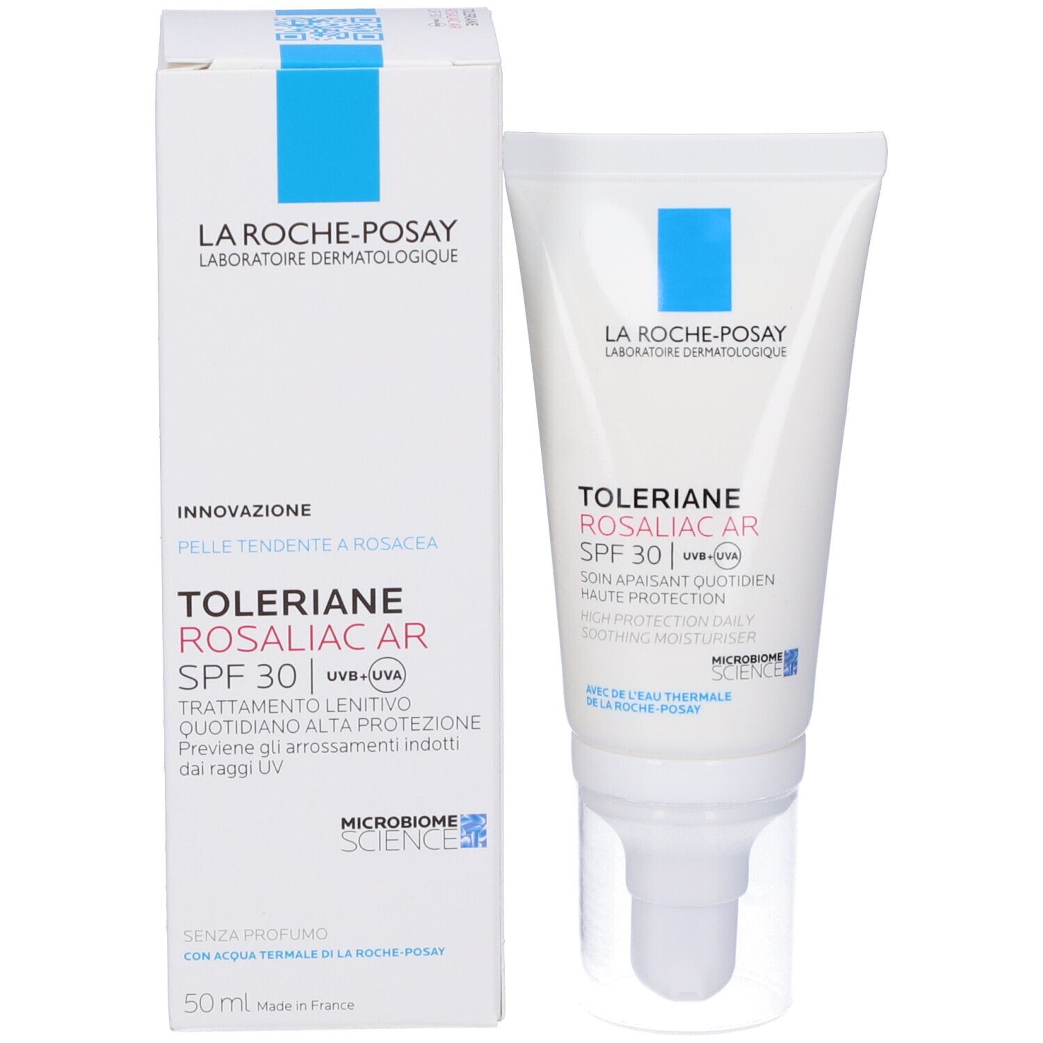 La Roche-Posay Toleriane Rosaliac AR SPF 30 e confezione. Testo e logo.