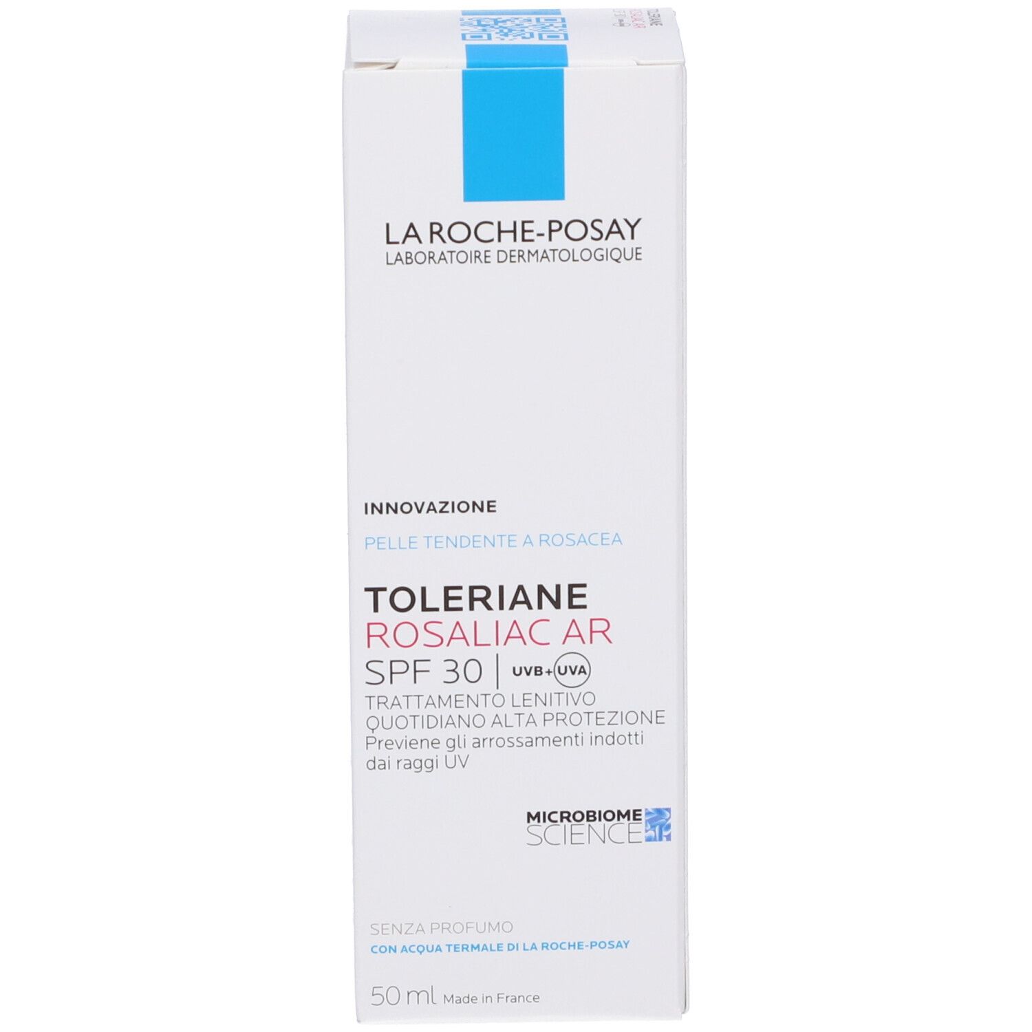Confezione di La Roche-Posay Toleriane Rosaliac AR SPF 30. Testo e logo.