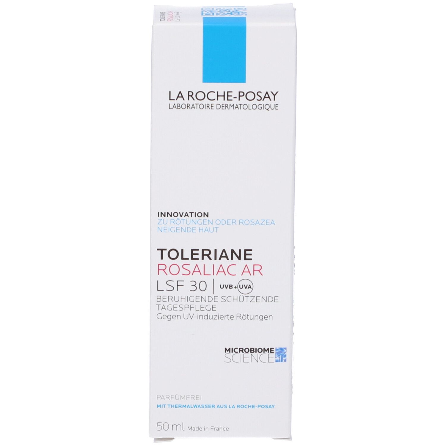 Confezione di La Roche-Posay Toleriane Rosaliac AR SPF 30. Testo e logo.