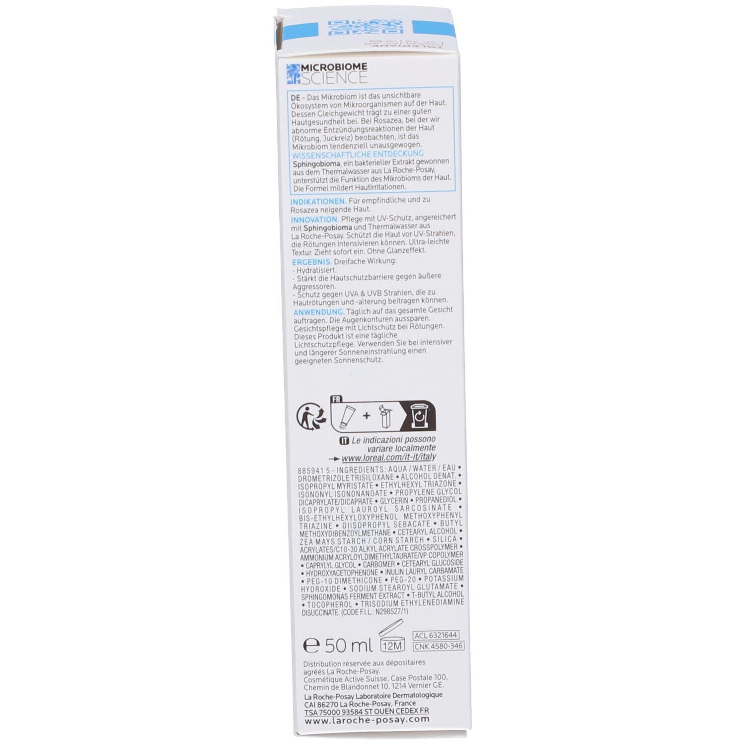 Retro della confezione di La Roche-Posay Toleriane Rosaliac AR SPF 30. Testo.