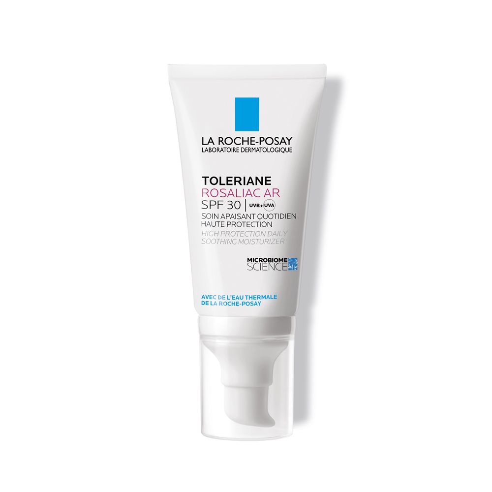 La Roche-Posay Toleriane Rosaliac AR SPF 30. Tubo con dispenser bianco.