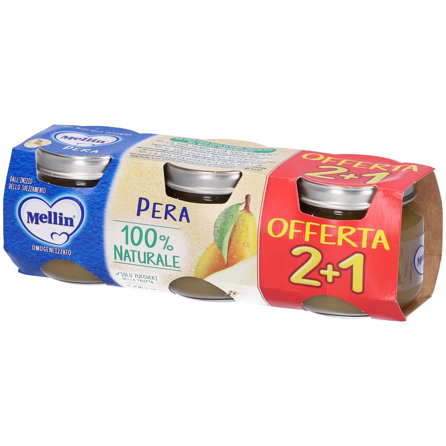 Confezione da tre vasetti di omogeneizzato. Scritta 'Pera 100% Naturale'. Offerta '2+1'.