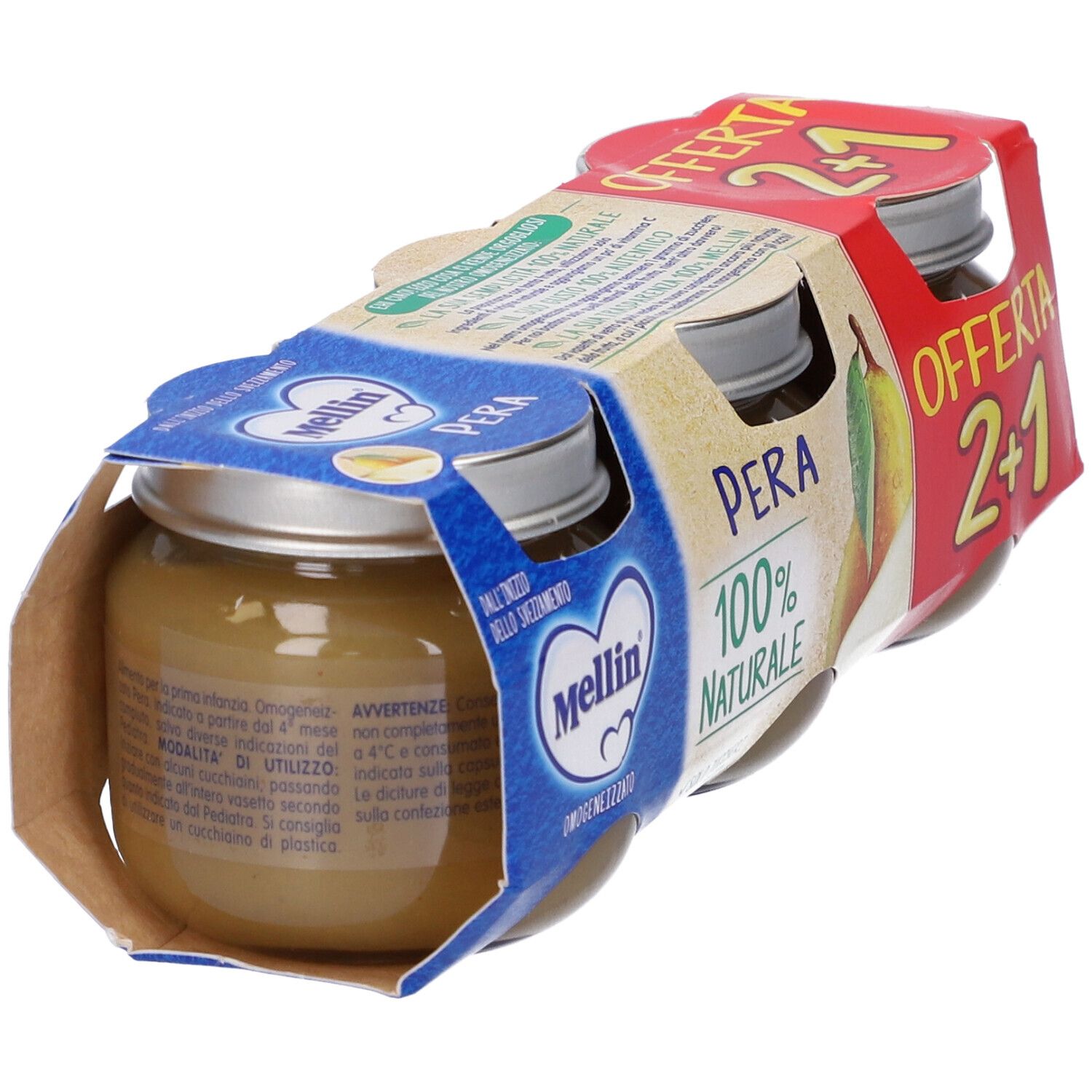 Confezione da tre vasetti di omogeneizzato. Scritta 'Pera 100% Naturale'. Offerta '2+1'.
