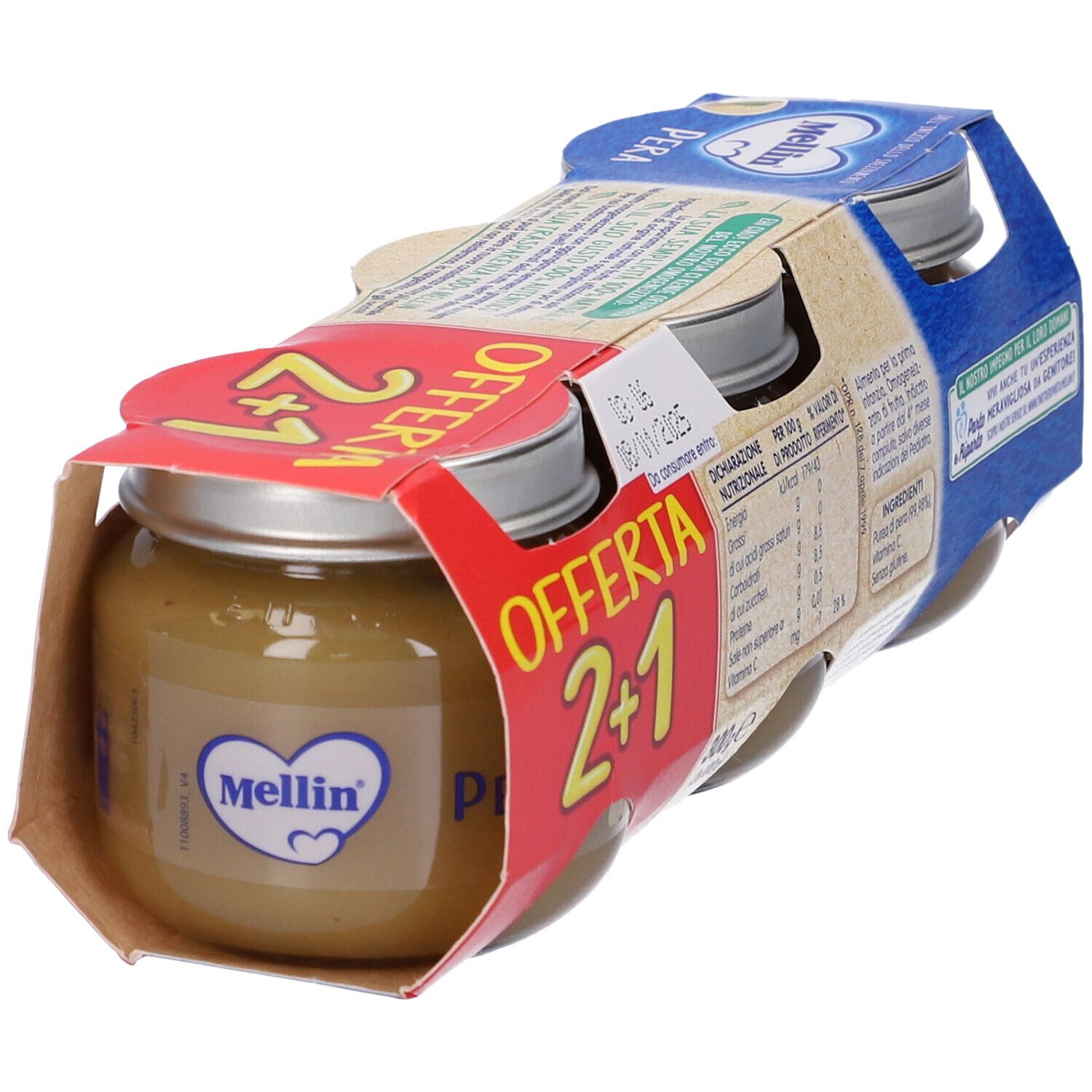 Confezione da tre vasetti di omogeneizzato. Scritta 'Pera 100% Naturale'. Offerta '2+1'.