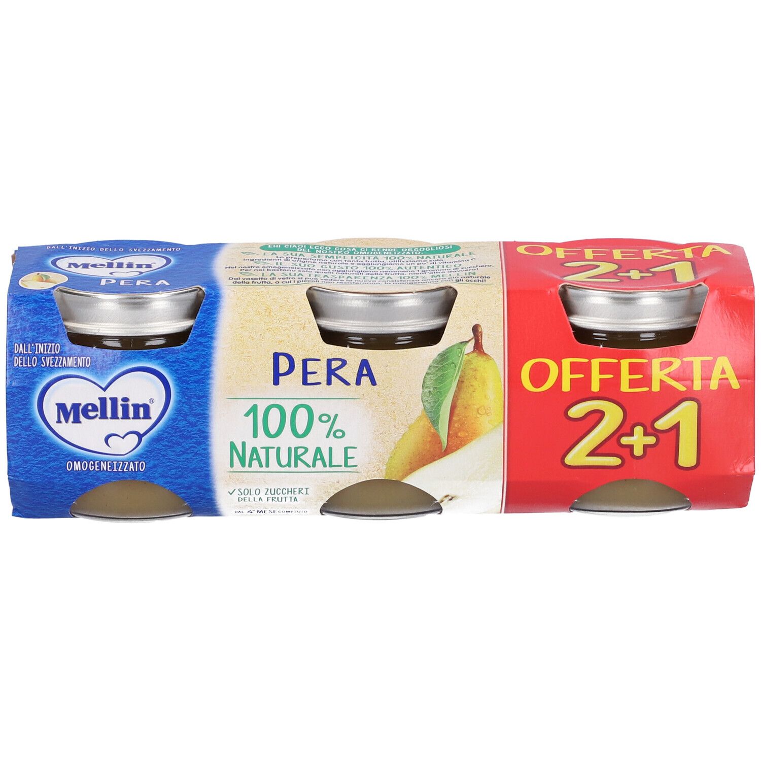 Confezione da tre vasetti di omogeneizzato. Scritta 'Pera 100% Naturale'. Offerta '2+1'.