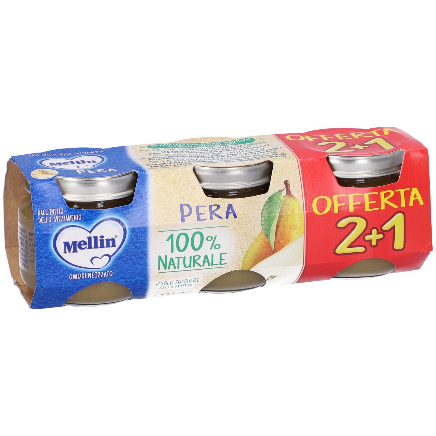 Confezione da tre vasetti di omogeneizzato. Scritta 'Pera 100% Naturale'. Offerta '2+1'.