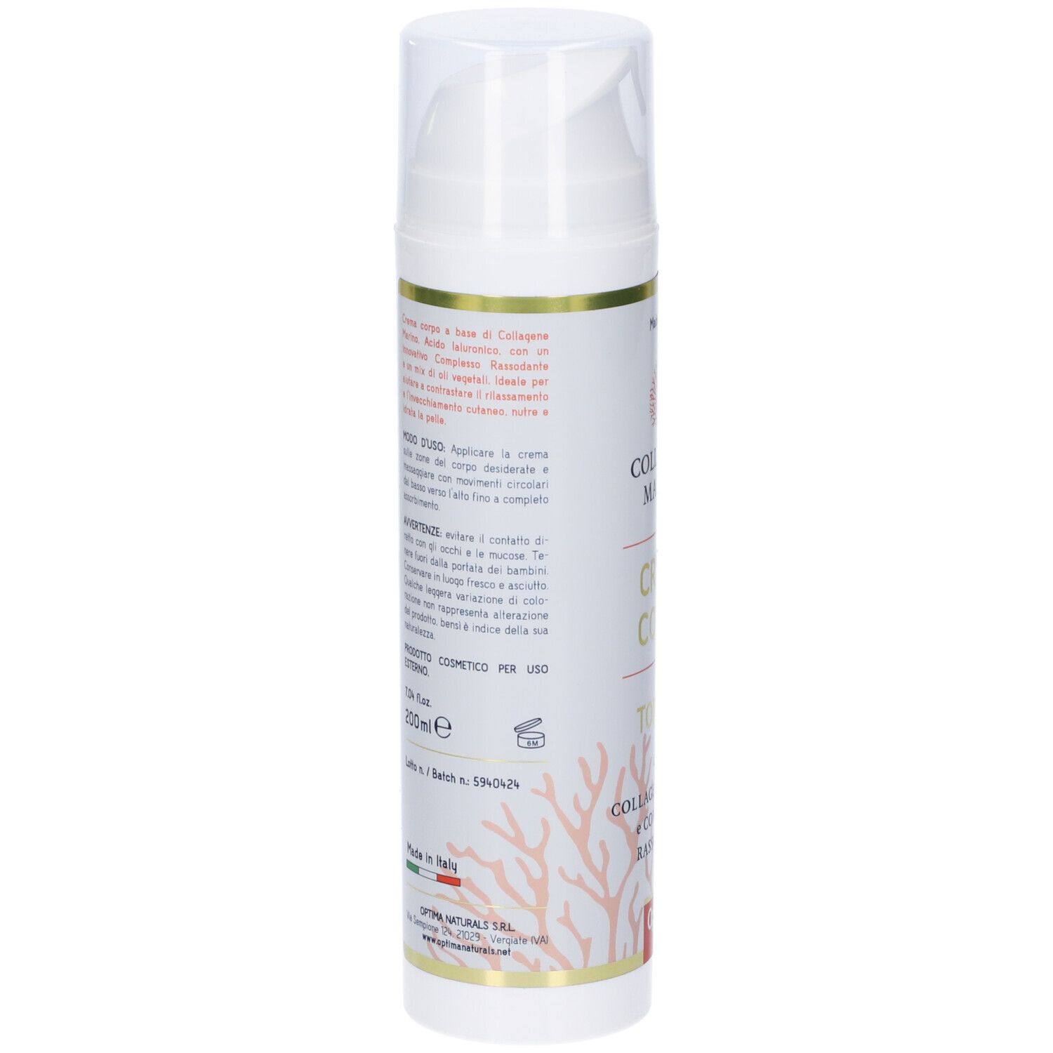 Rückseite der weißen Flasche. Text mit Inhaltsstoffen und Anwendung. Optima Logo und Made in Italy.