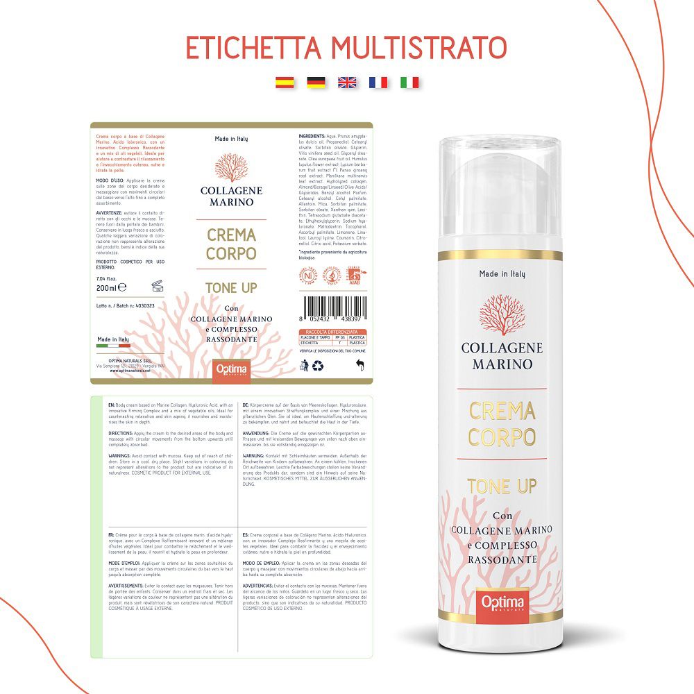 Flasche marine Kollagen Körpercreme Tone Up und ihre mehrsprachige Etikettierung.