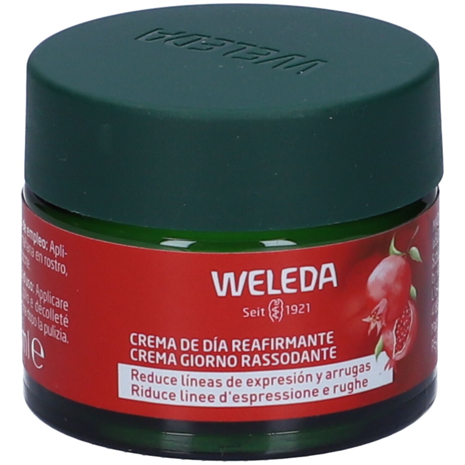Vaso verde con coperchio. Etichetta rossa con nome del prodotto e illustrazione di melograno. Marca Weleda, dal 1921. 40 ml.