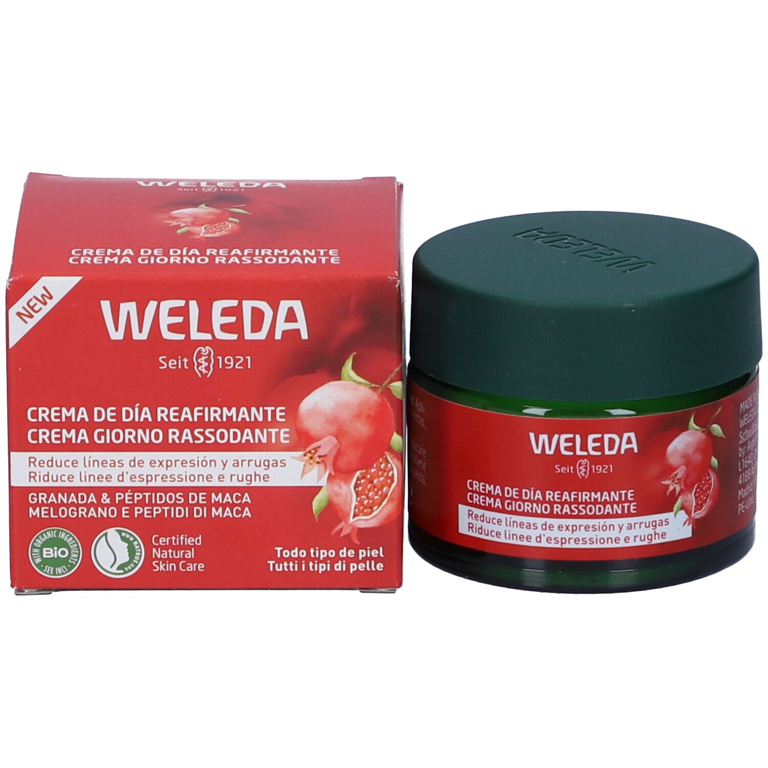 Vaso e confezione del prodotto. Confezione rossa con nome del prodotto e illustrazione di melograno. Marca Weleda. Certificazione bio.