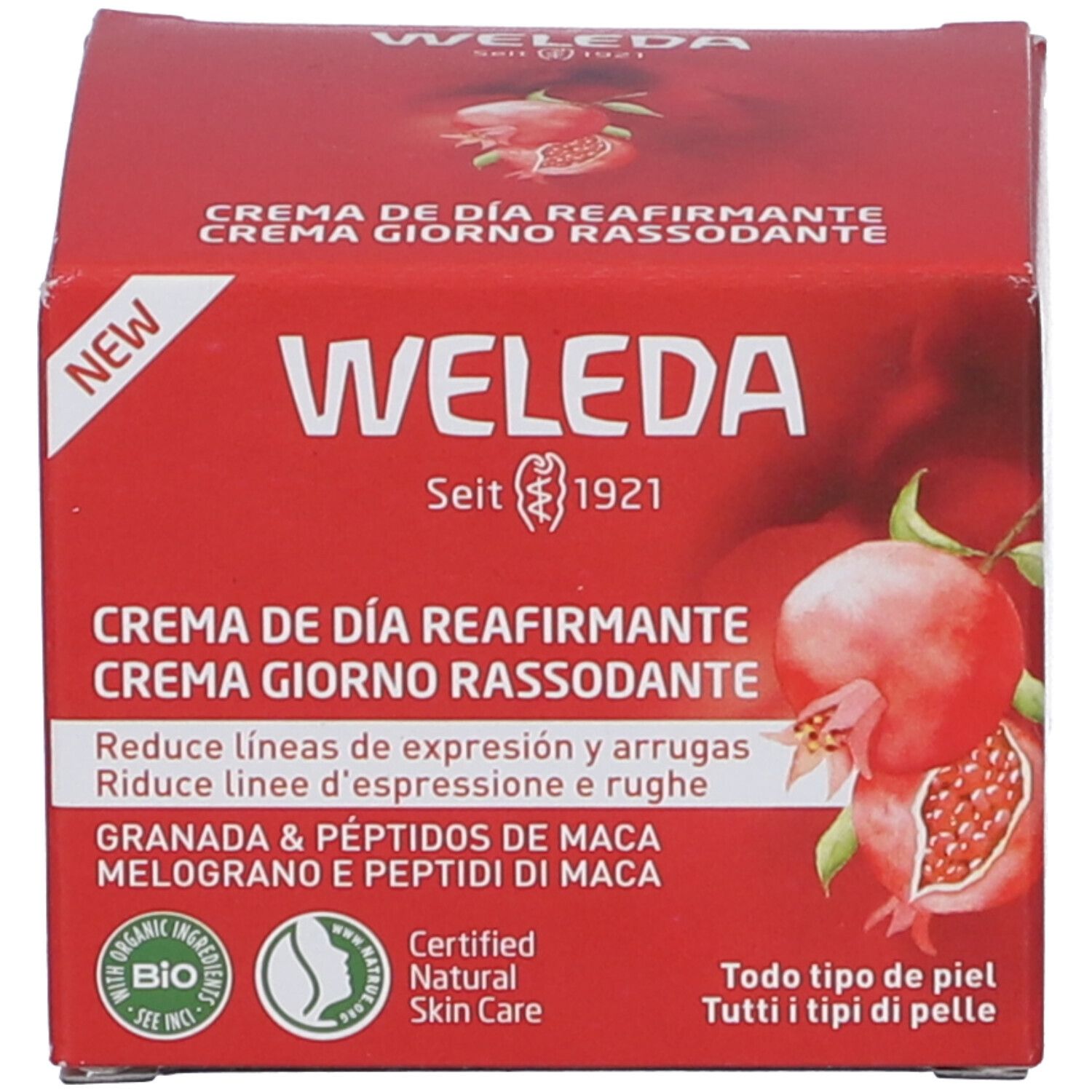 Confezione rossa con nome del prodotto e illustrazione di melograno. Marca Weleda. Certificazione bio. Per tutti i tipi di pelle.