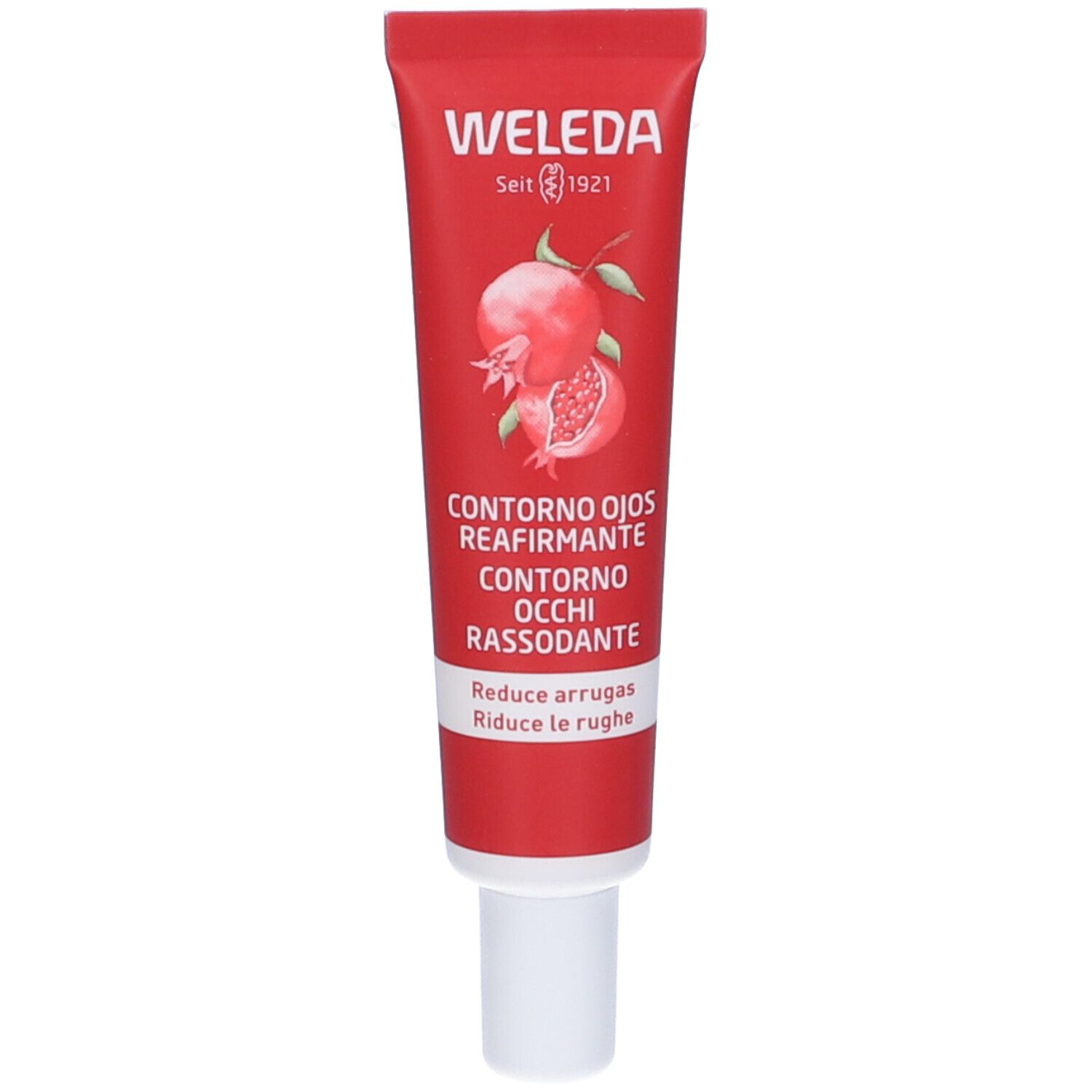Tubo rosso con tappo bianco. Scritta: WELEDA, Contorno Ojos Reafirmante, Contorno Occhi Rassodante. Illustrazione di melograno.
