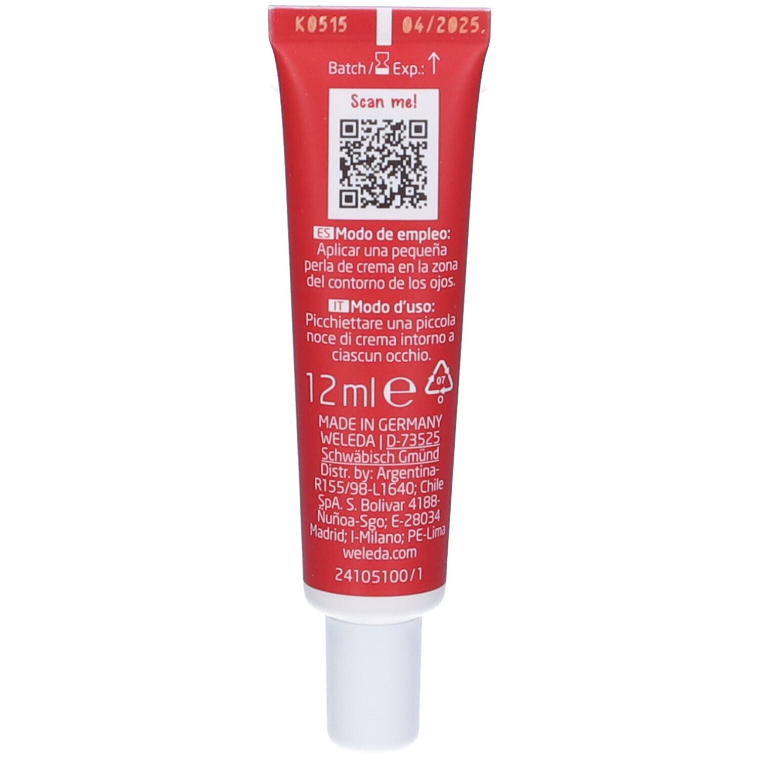 Retro del tubo rosso. Stampa: 12 ml, Made in Germany, codice QR, data di scadenza. Testo in spagnolo e italiano.