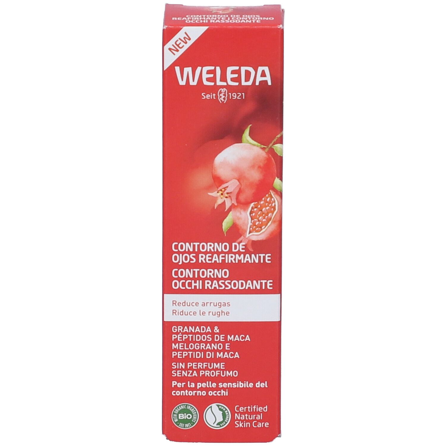 Scatola pieghevole rossa. Scritta: WELEDA, Contorno Ojos Reafirmante, Contorno Occhi Rassodante. Illustrazione di melograno.