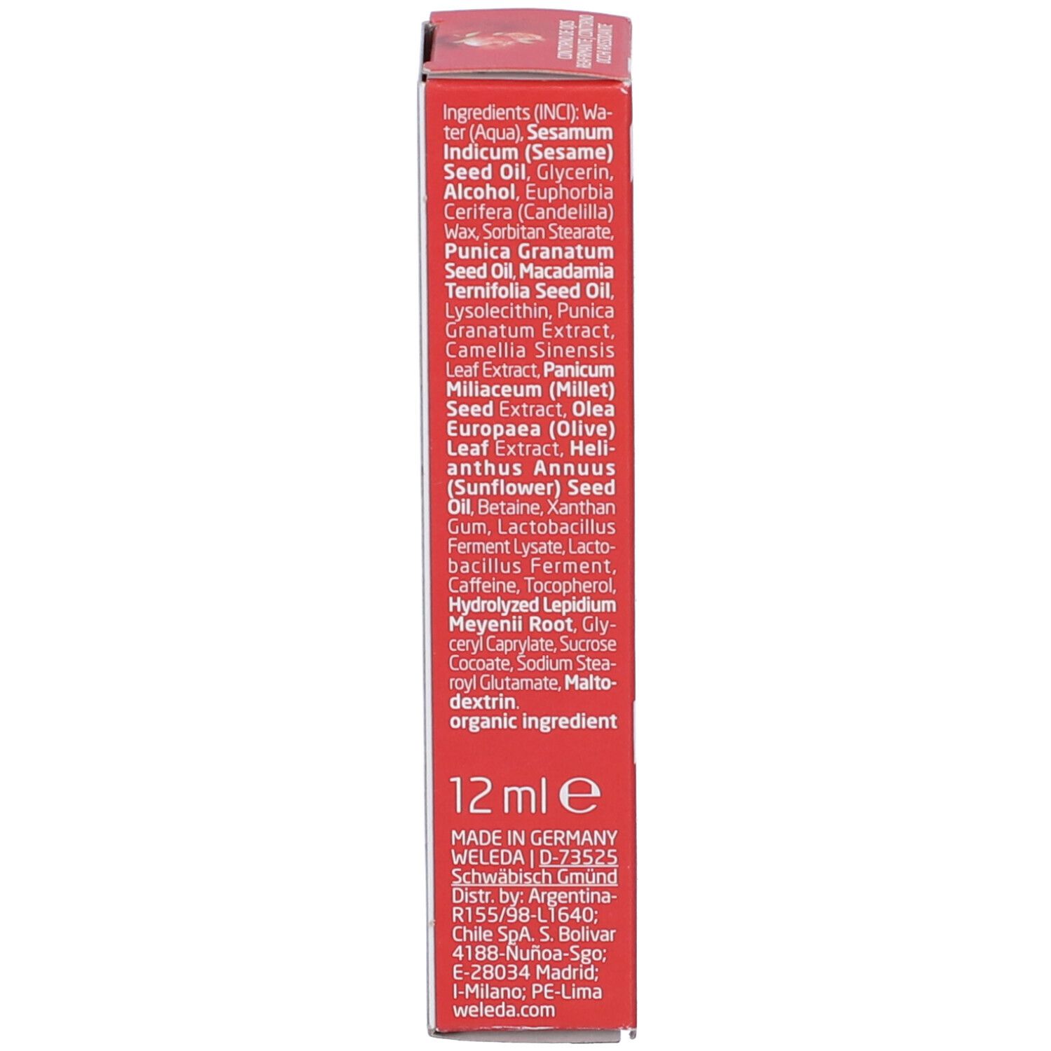 Scatola pieghevole rossa. Elenco degli ingredienti in inglese. Stampa: 12 ml, Made in Germany.