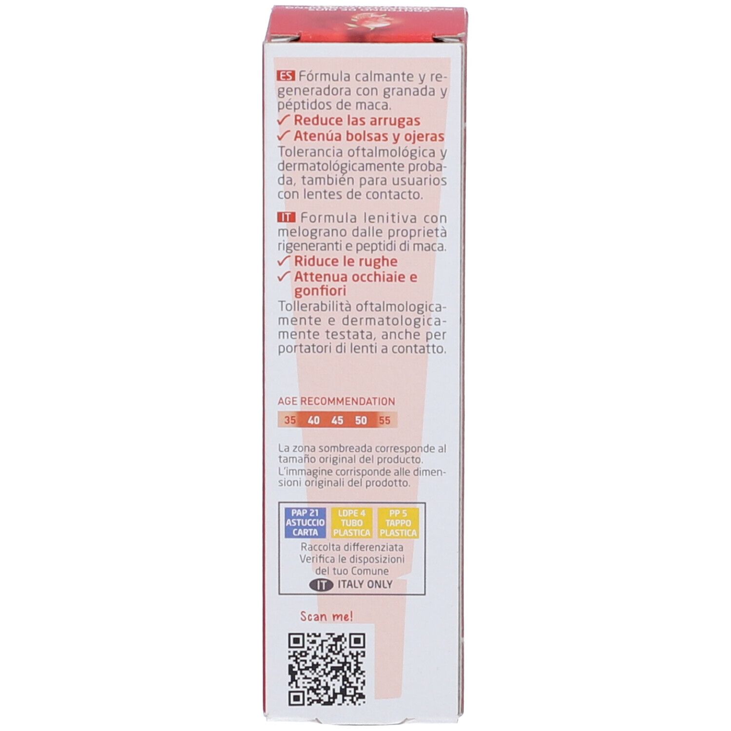 Scatola pieghevole rossa. Testo in spagnolo e italiano. Indicazione dell'età. Codice QR.