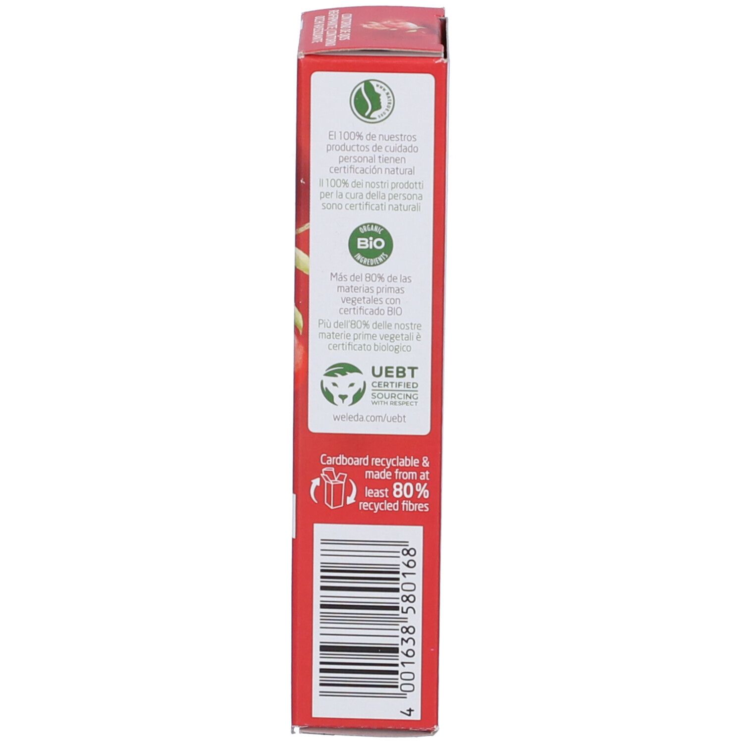 Scatola pieghevole rossa. Testo sugli ingredienti e il riciclaggio. Loghi di certificazione biologica e riciclaggio.