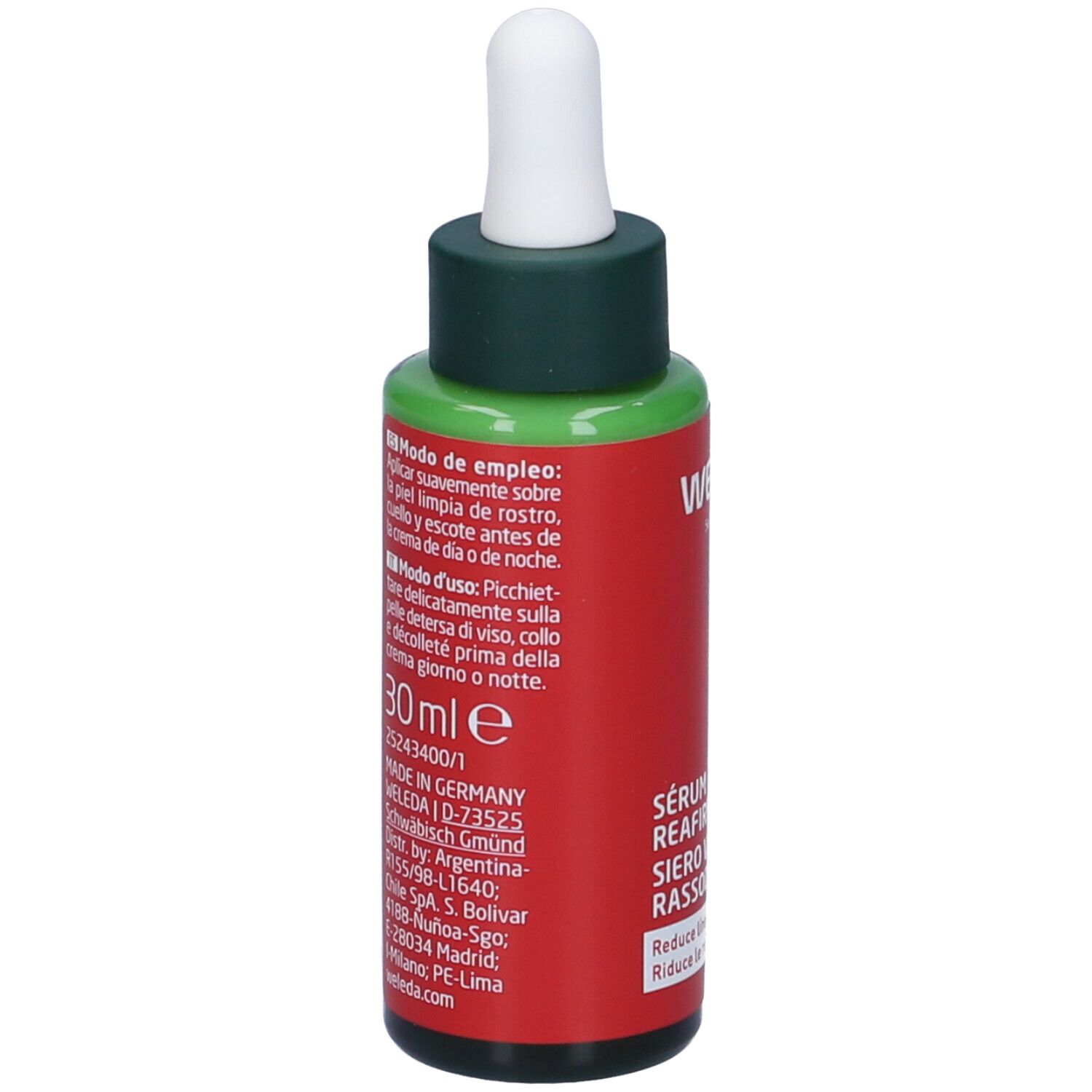 Flacone di vetro rosso con tappo verde e pipetta. Scritta: WELEDA, Serum Réafirmante, Siero Viso Rassodante. Testo sul retro.