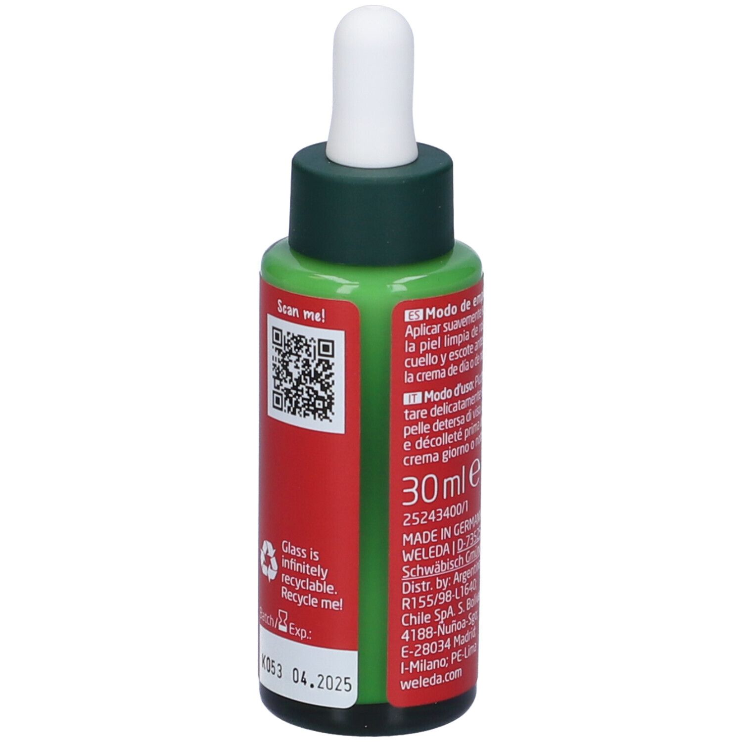 Flacone di vetro rosso con tappo verde e pipetta. Scritta: WELEDA, Serum Réafirmante, Siero Viso Rassodante. Codice QR e simbolo di riciclaggio.