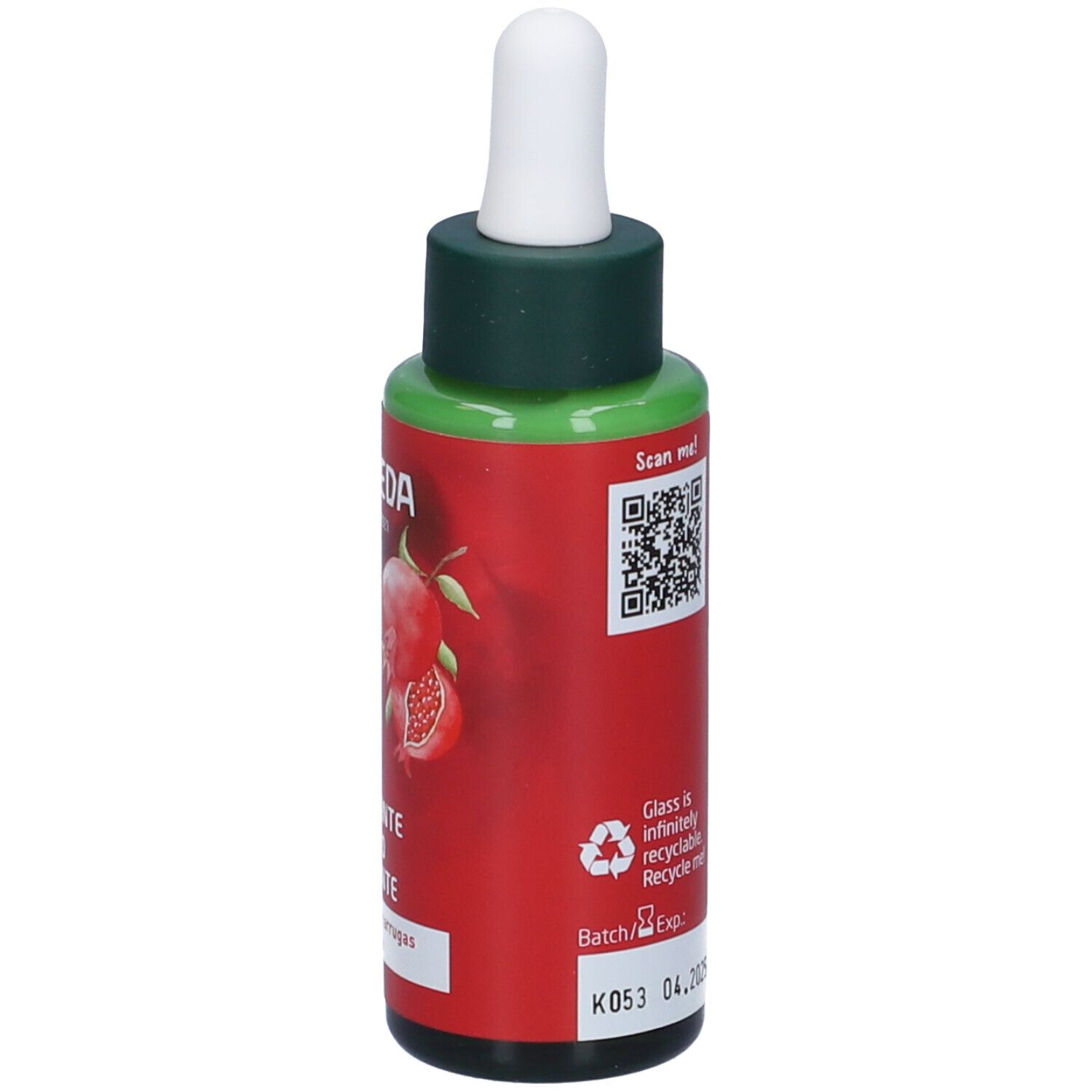 Flacone di vetro rosso con tappo verde e pipetta. Scritta: WELEDA, Serum Réafirmante, Siero Viso Rassodante. Codice QR e data di scadenza.