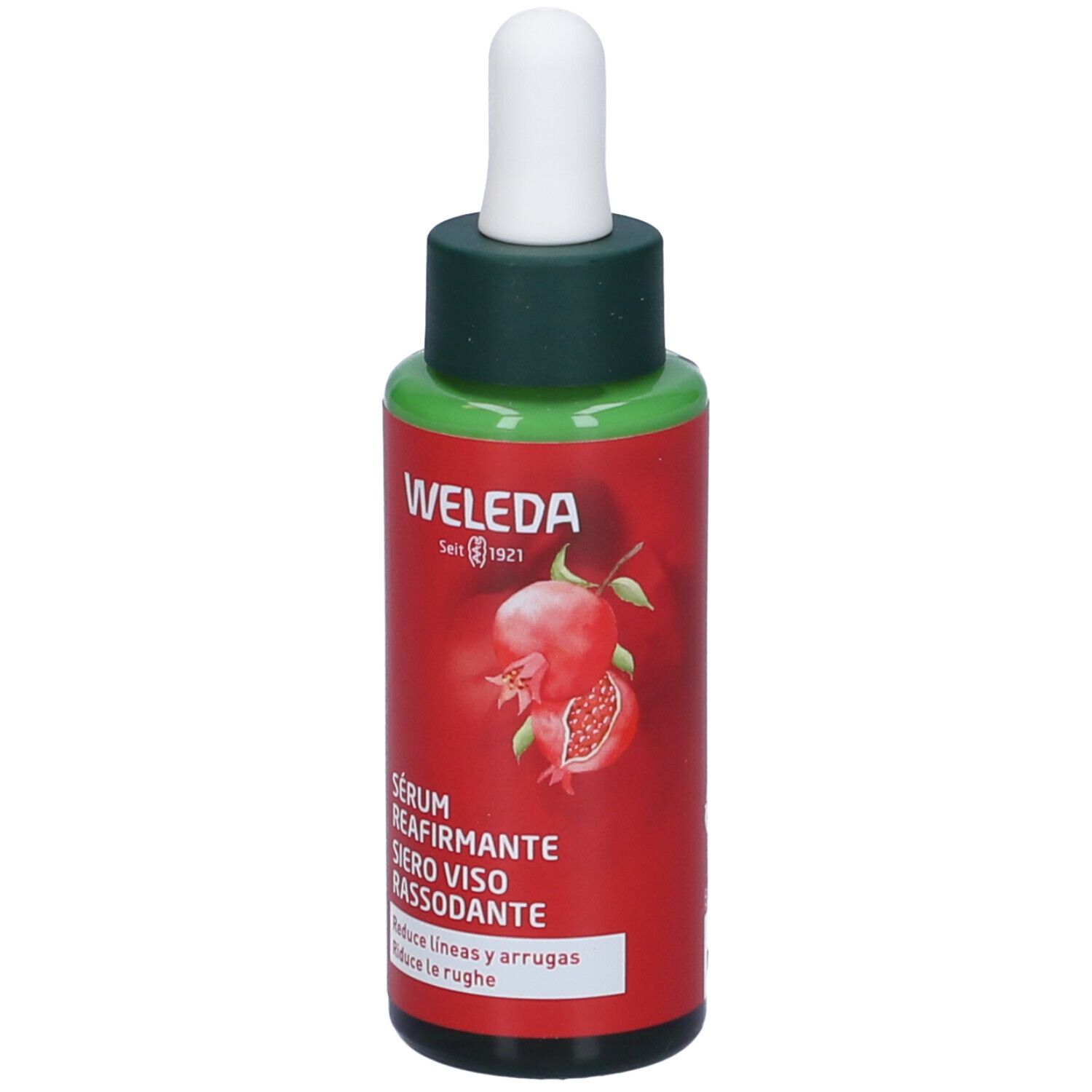 Flacone di vetro rosso con tappo verde e pipetta. Scritta: WELEDA, Serum Réafirmante, Siero Viso Rassodante. Illustrazione di melograno.