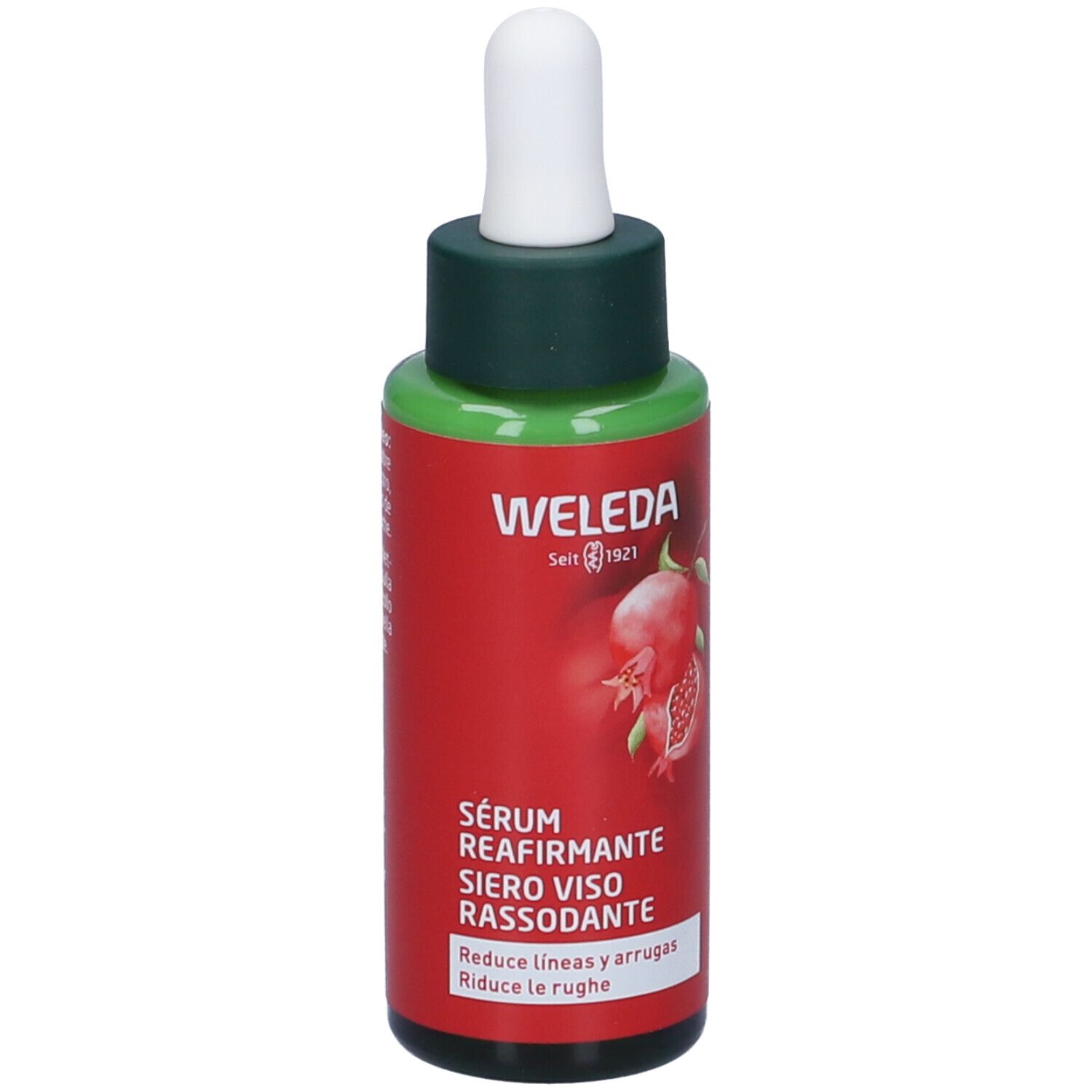 Flacone di vetro rosso con tappo verde e pipetta. Scritta: WELEDA, Serum Réafirmante, Siero Viso Rassodante. Illustrazione di melograno.