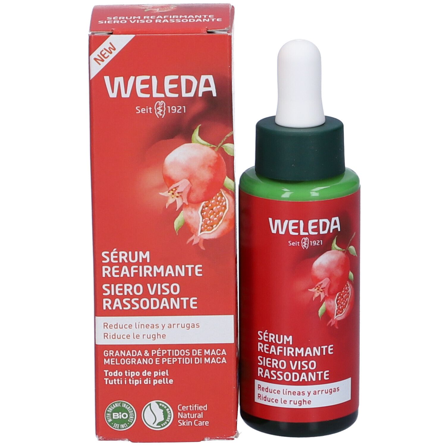 Flacone e confezione del prodotto. Flacone rosso con tappo verde e pipetta. Scritta: WELEDA, Serum Réafirmante, Siero Viso Rassodante.