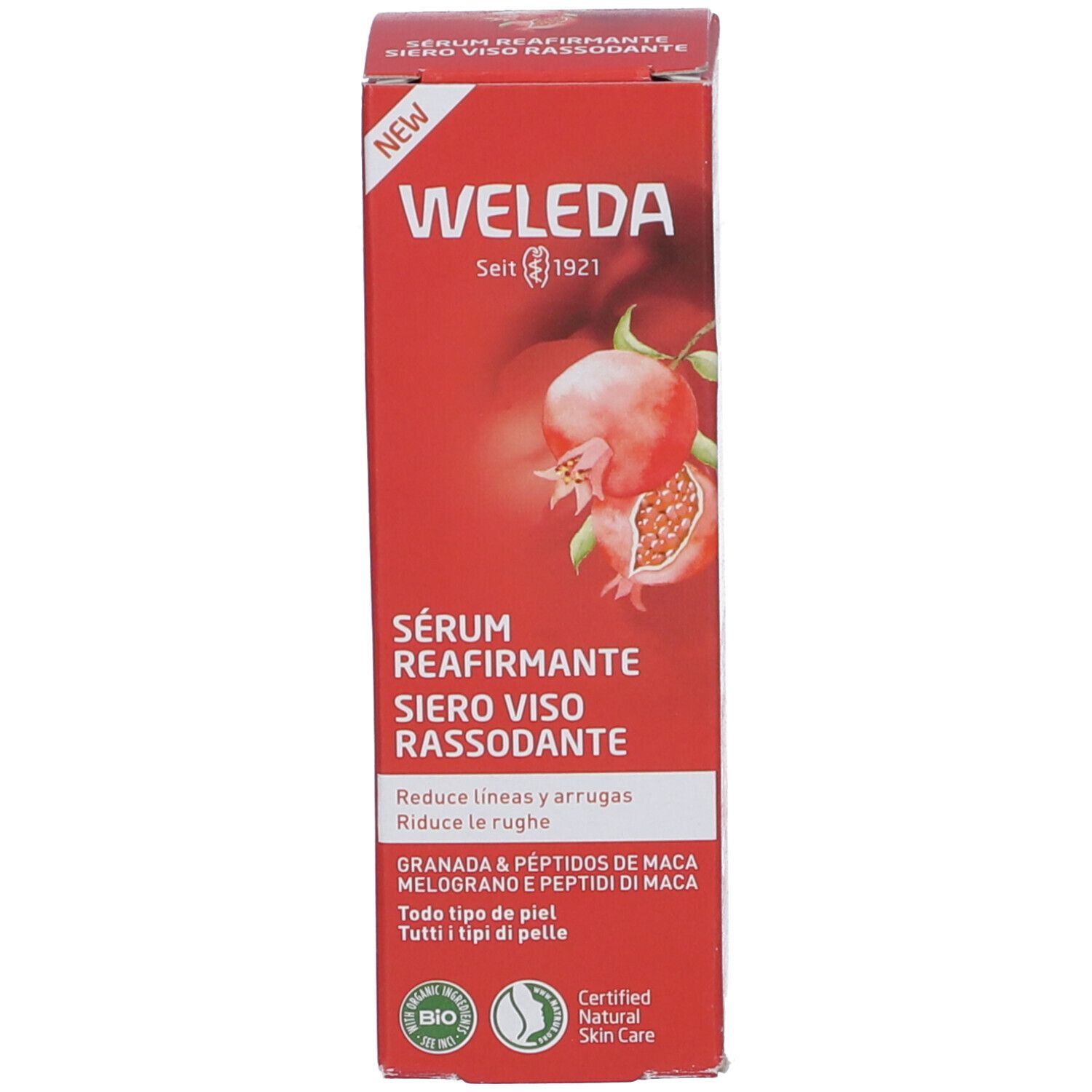 Confezione del prodotto. Scatola rossa con scritta: WELEDA, Serum Réafirmante, Siero Viso Rassodante. Con illustrazione di melograno.