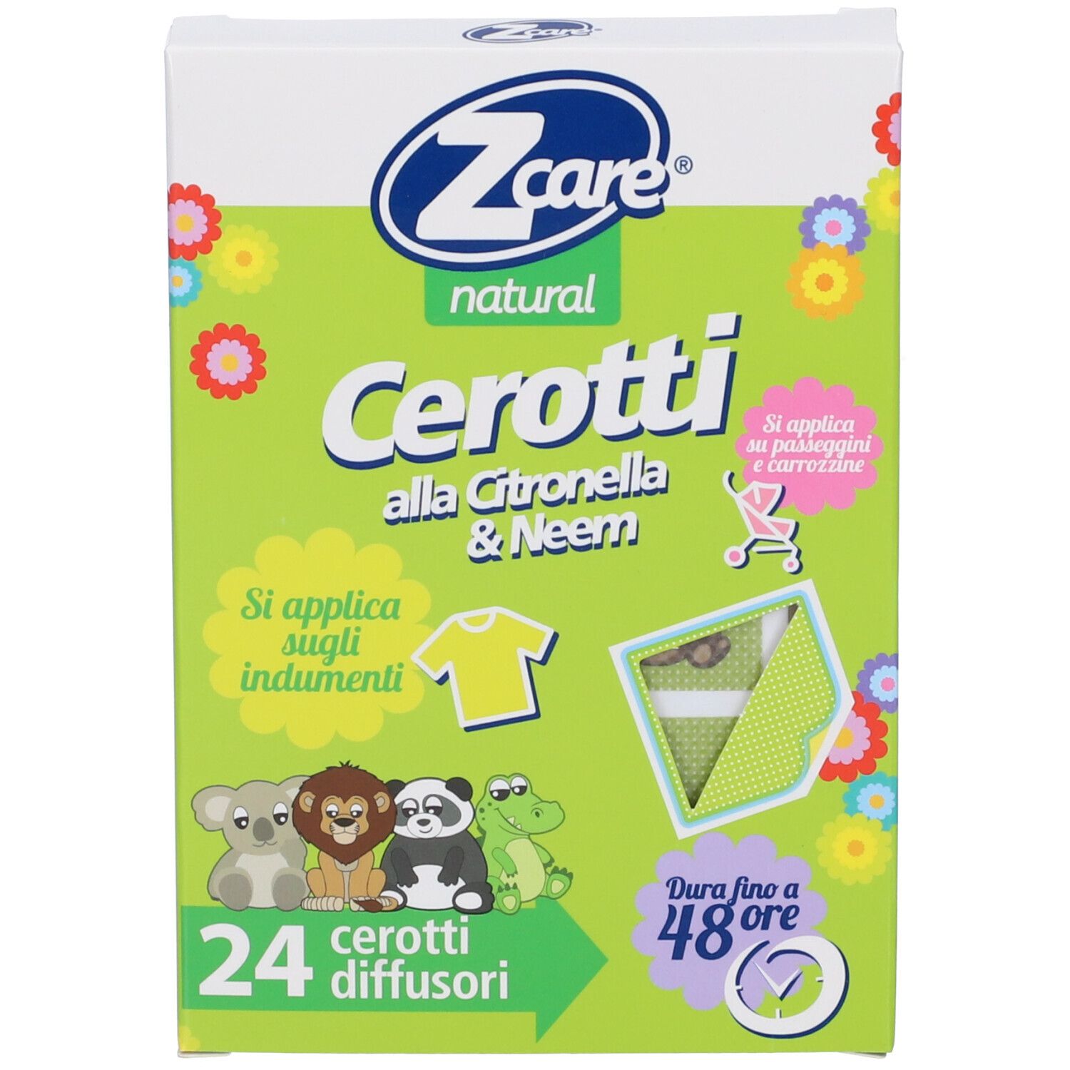 Confezione Z Care Cerotti. Verde con nome prodotto e illustrazioni. 24 pezzi.