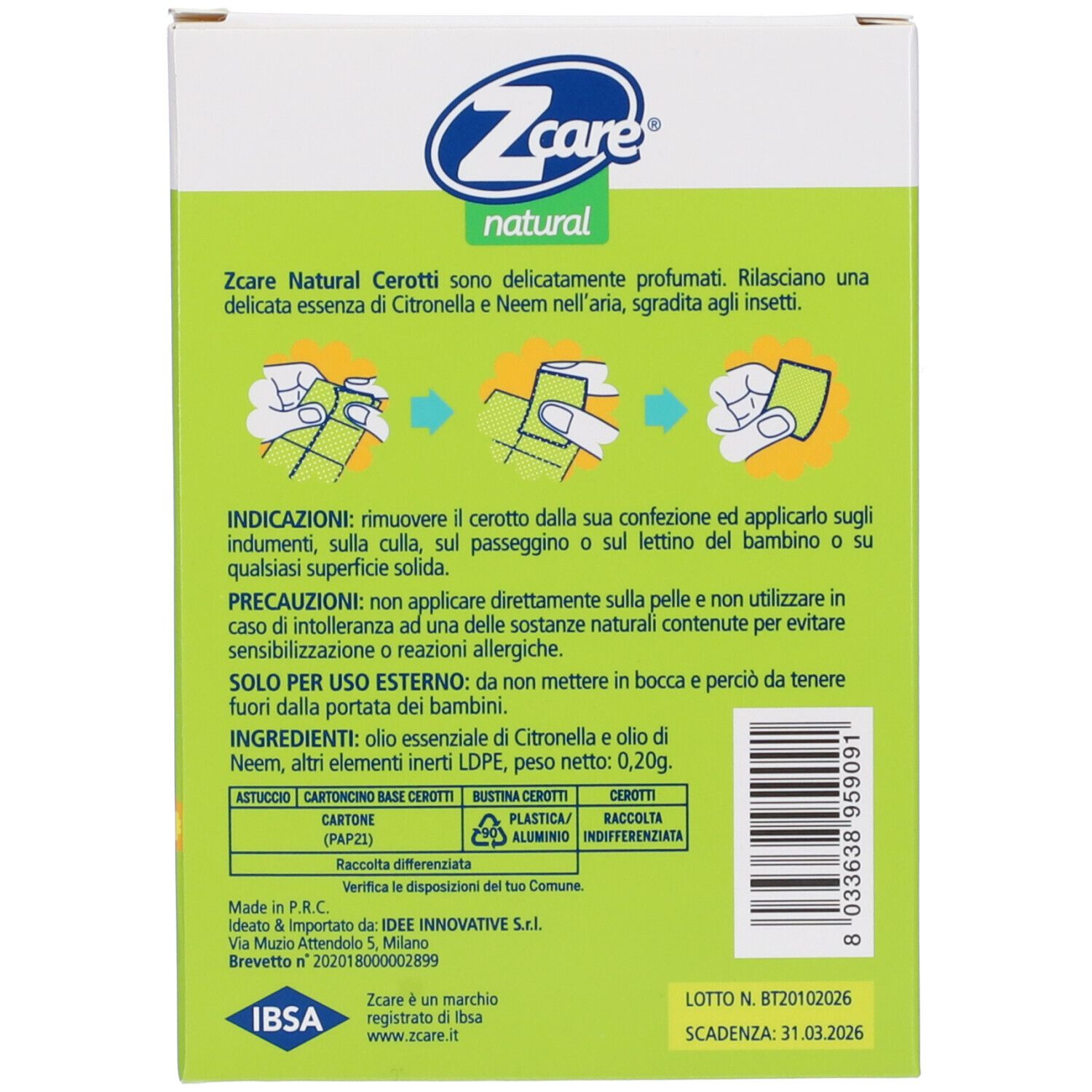 Retro confezione Z Care Cerotti. Testo con ingredienti e istruzioni per l'uso.
