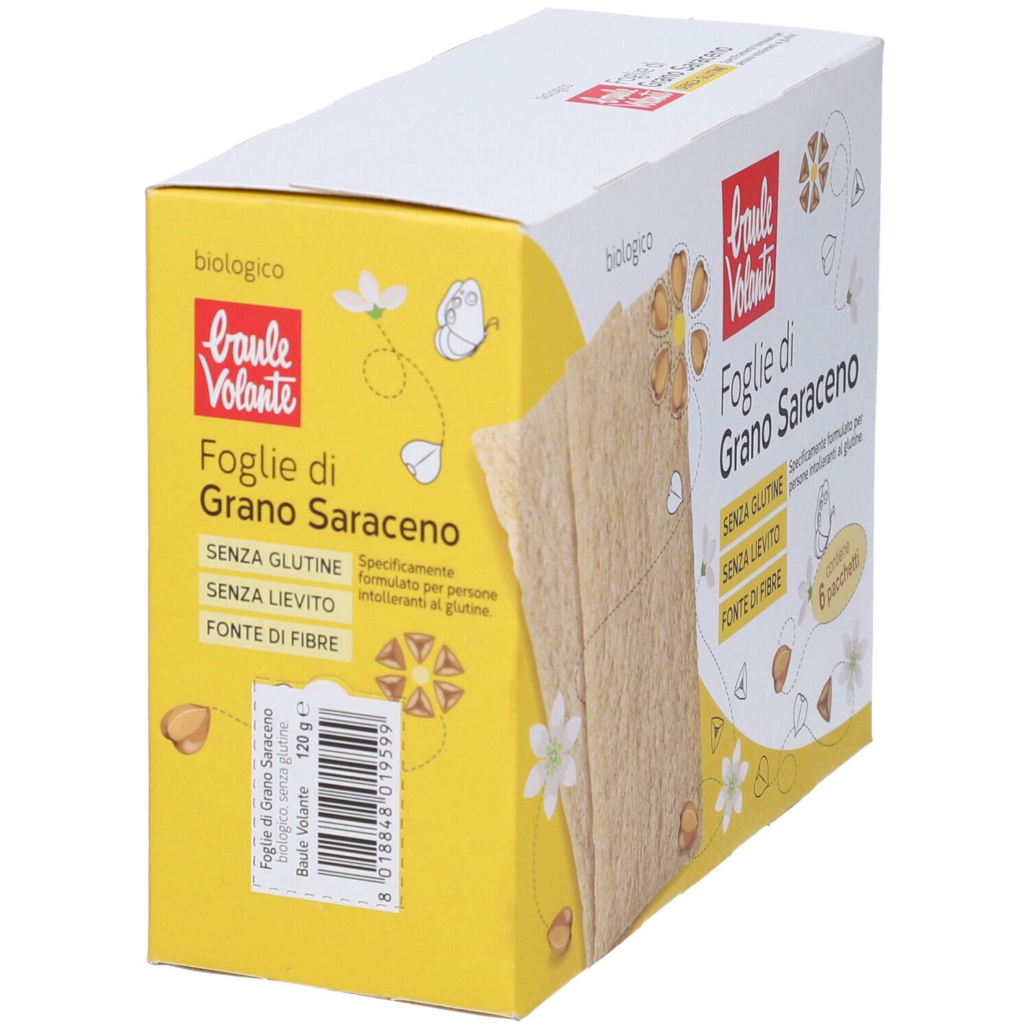 Scatola Baule Volante Foglie di Grano Saraceno Bio. Confezione gialla con prodotto e logo. Senza glutine.