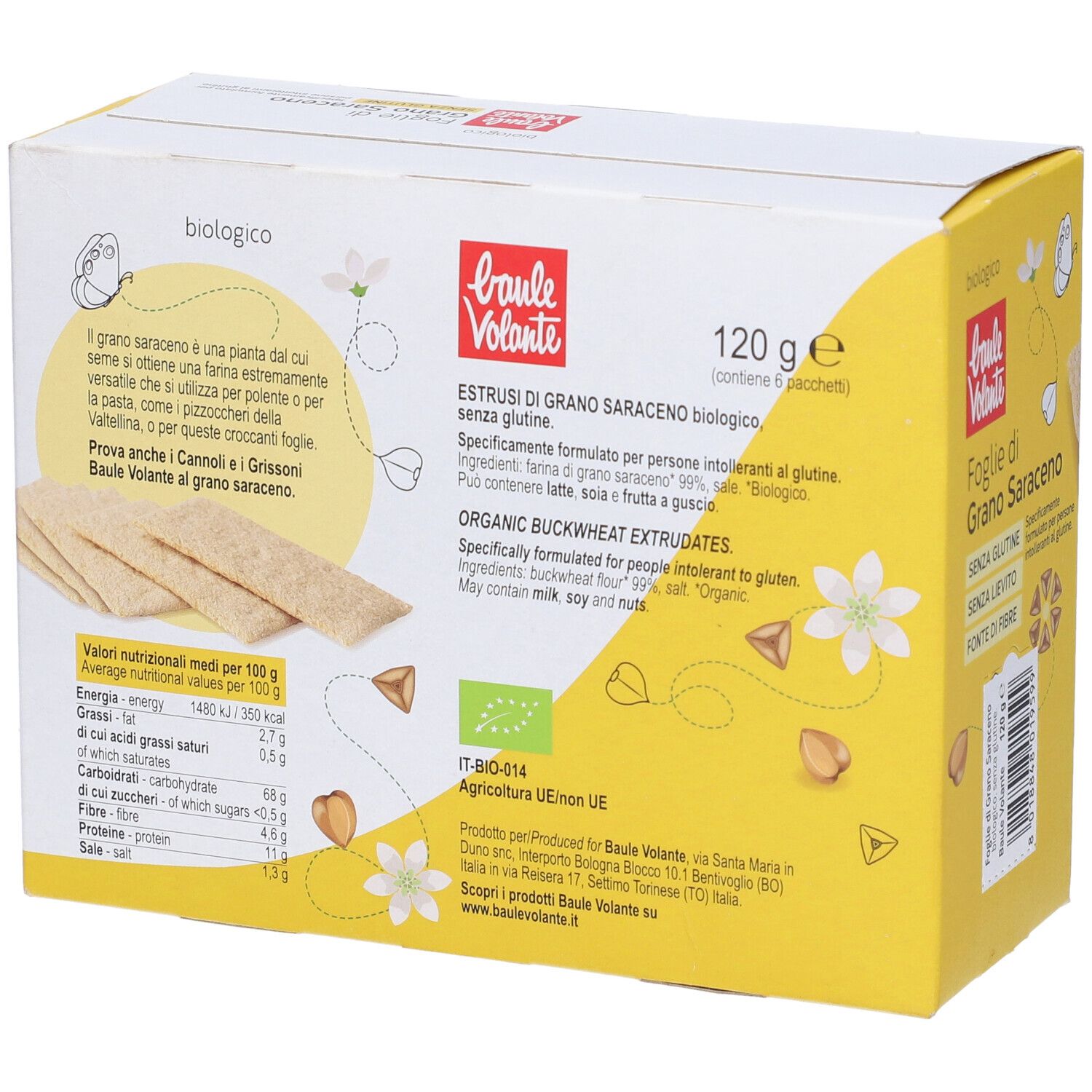 Retro scatola Baule Volante Foglie di Grano Saraceno Bio. Informazioni nutrizionali ed etichetta bio.