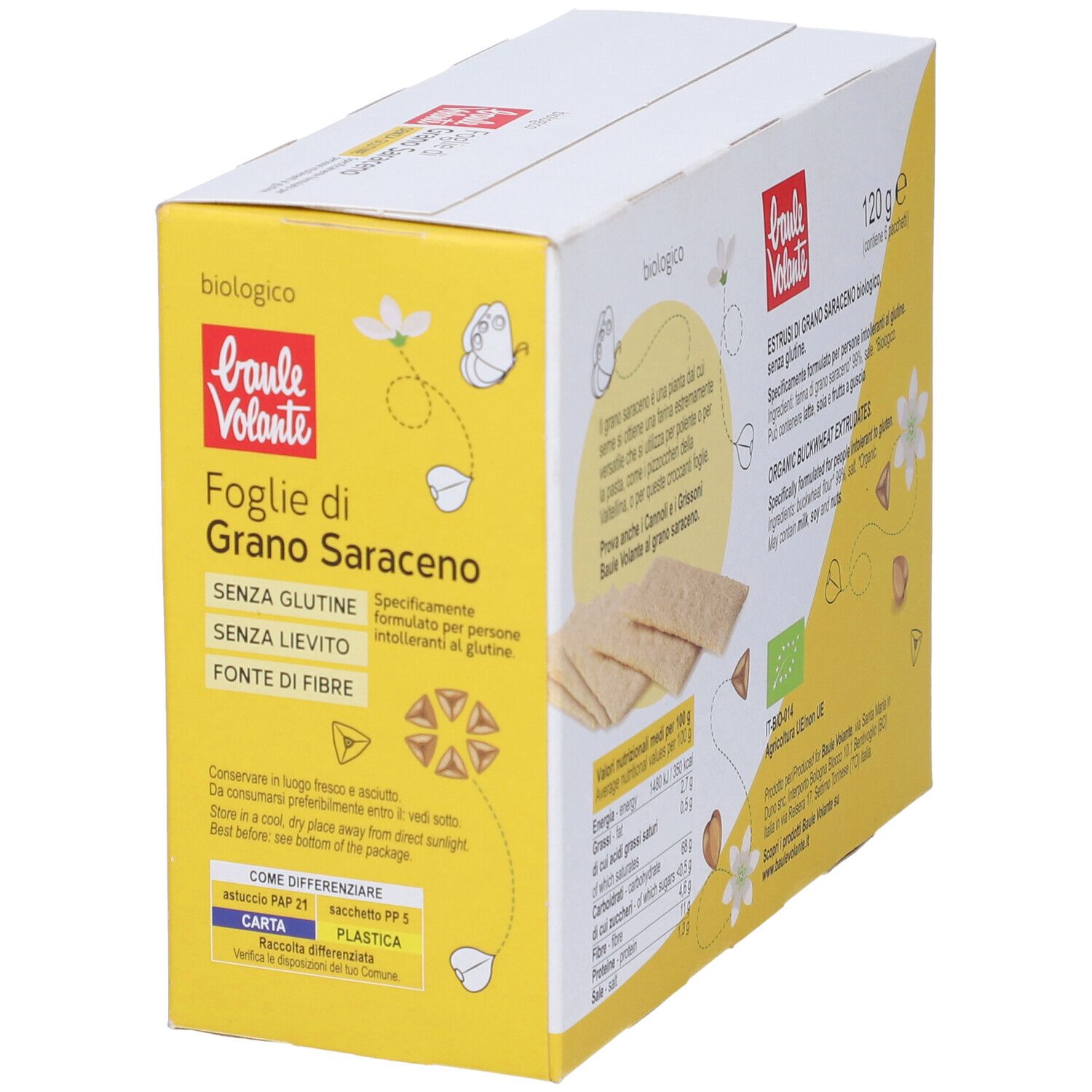 Scatola Baule Volante Foglie di Grano Saraceno Bio. Confezione gialla con prodotto e logo. Senza glutine.