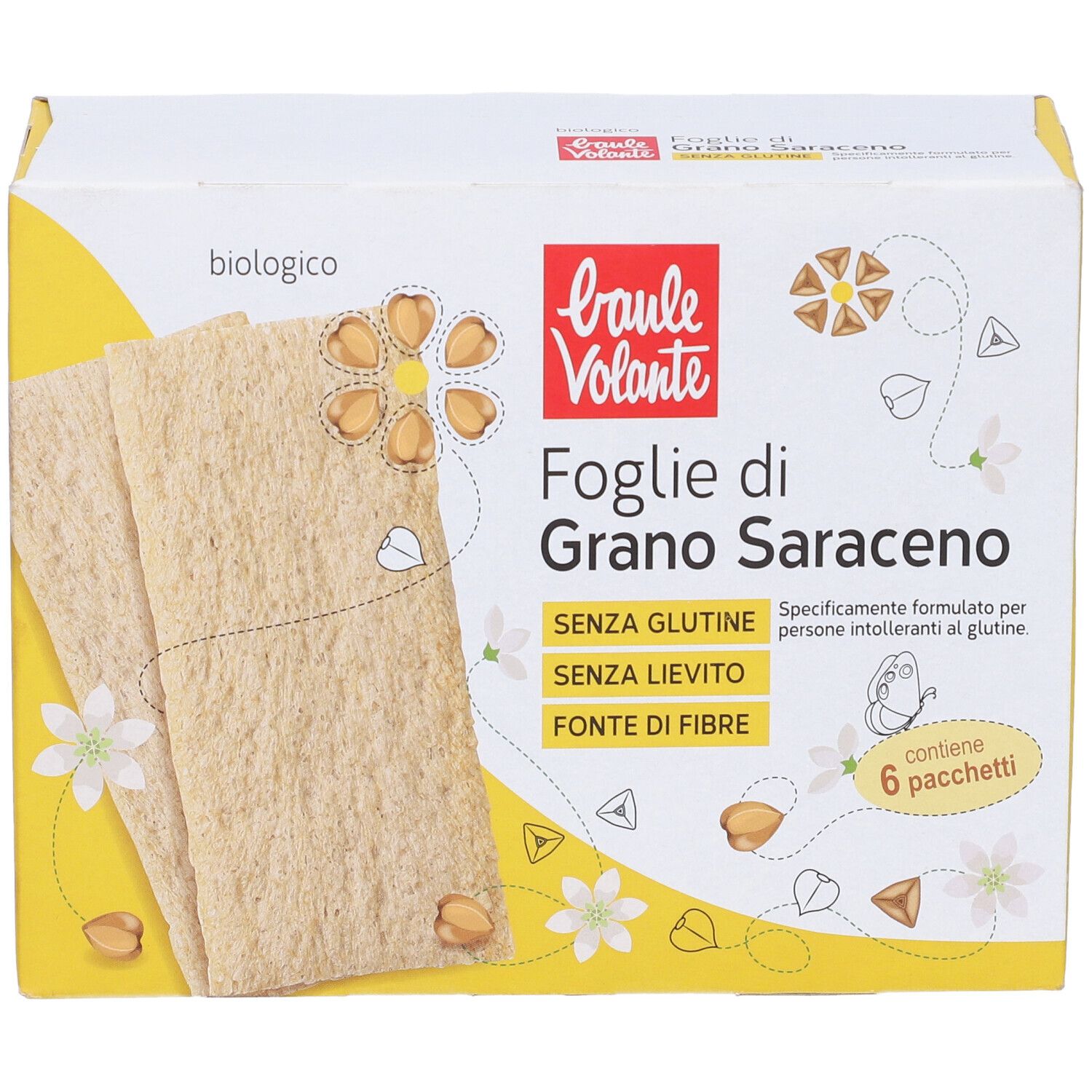 Scatola Baule Volante Foglie di Grano Saraceno Bio. Confezione gialla con prodotto e logo. Senza glutine.