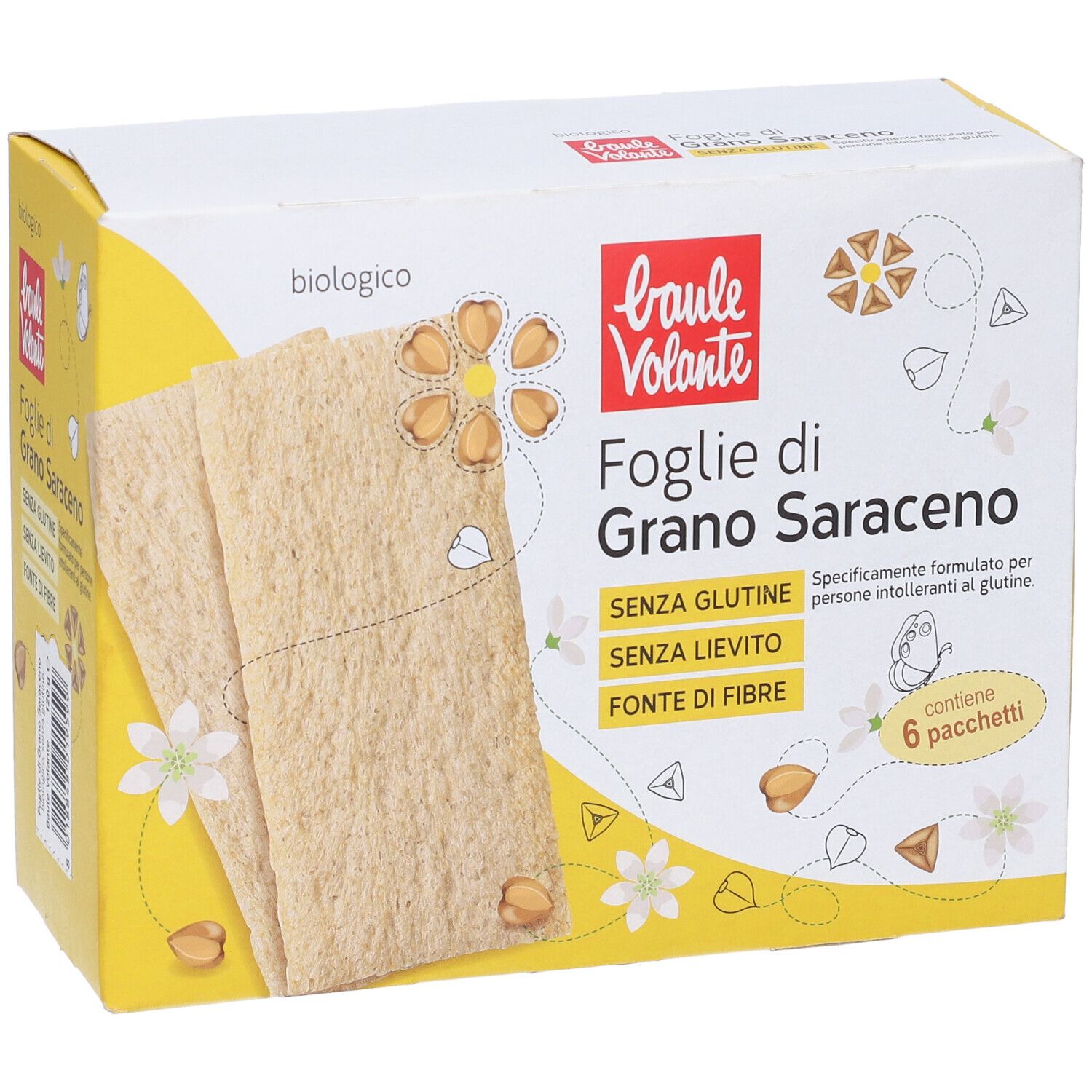 Scatola Baule Volante Foglie di Grano Saraceno Bio. Confezione gialla con prodotto e logo. Senza glutine.