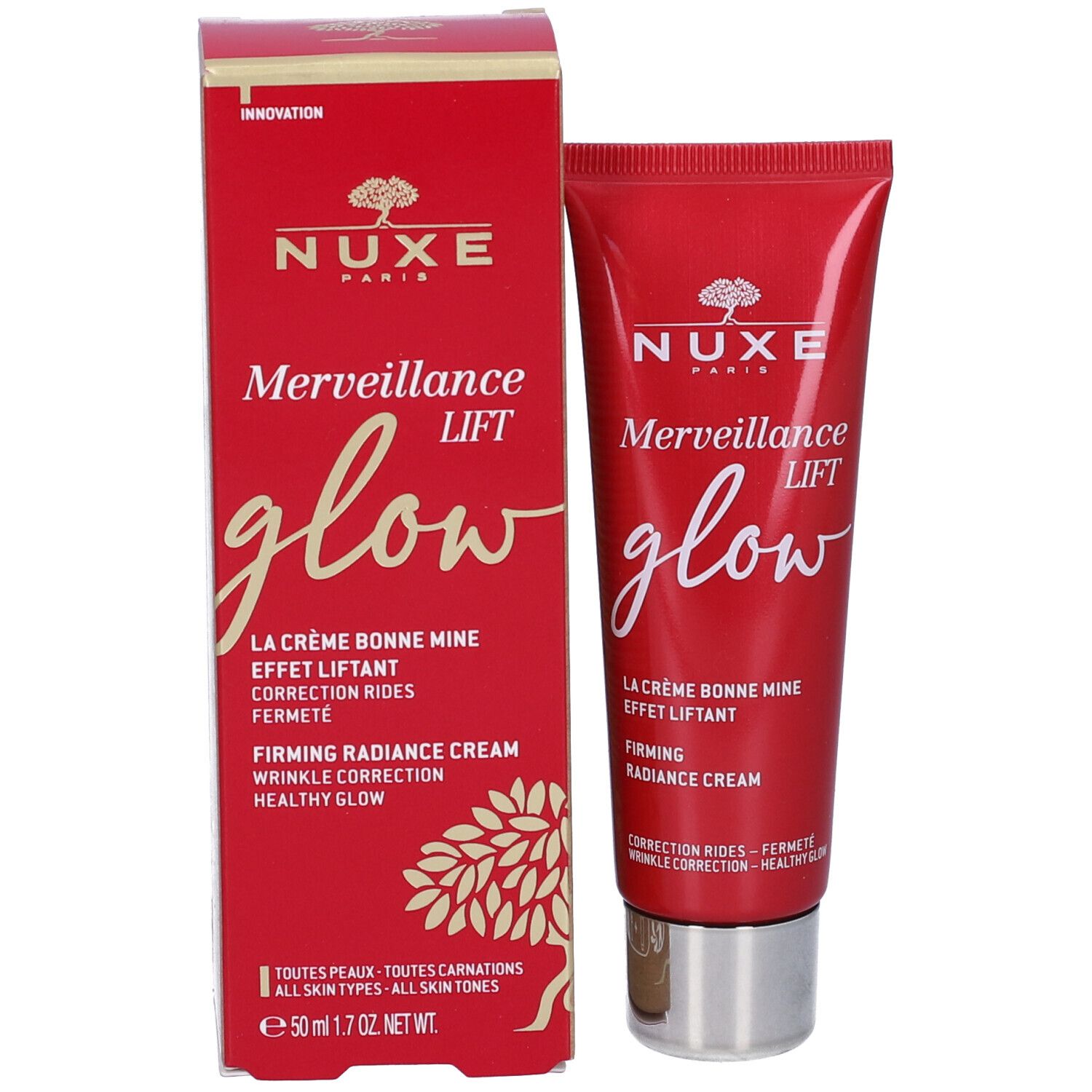 Scatola e tubo rossi. Scritte: Nuxe, Merveillance Lift glow. Testo: La crème bonne mine effet liftant, Firming radiance cream. Tutti i tipi di pelle.