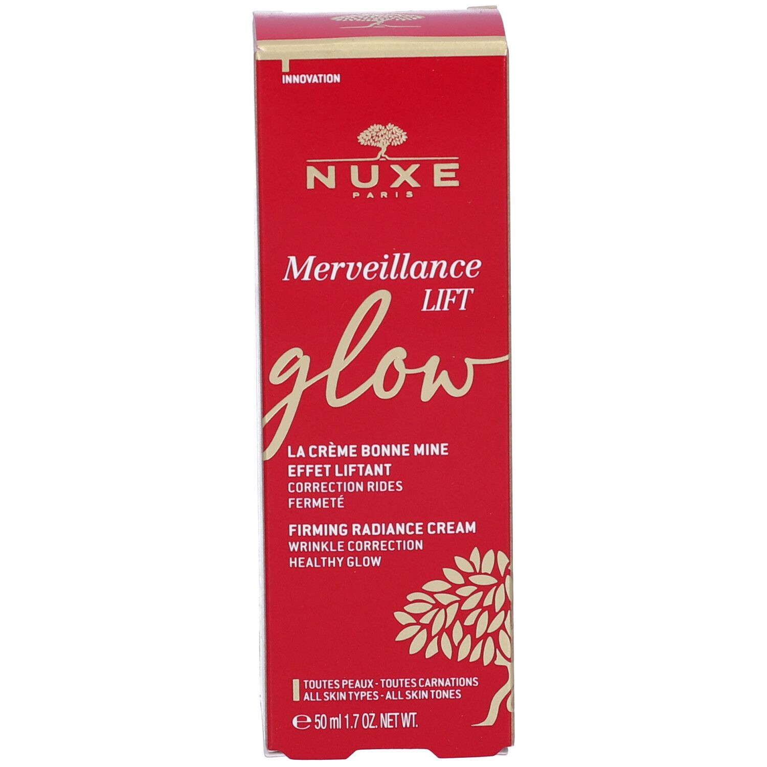 Scatola rossa con scritte: Nuxe, Merveillance Lift glow. Testo: La crème bonne mine effet liftant, Firming radiance cream. Tutti i tipi di pelle.