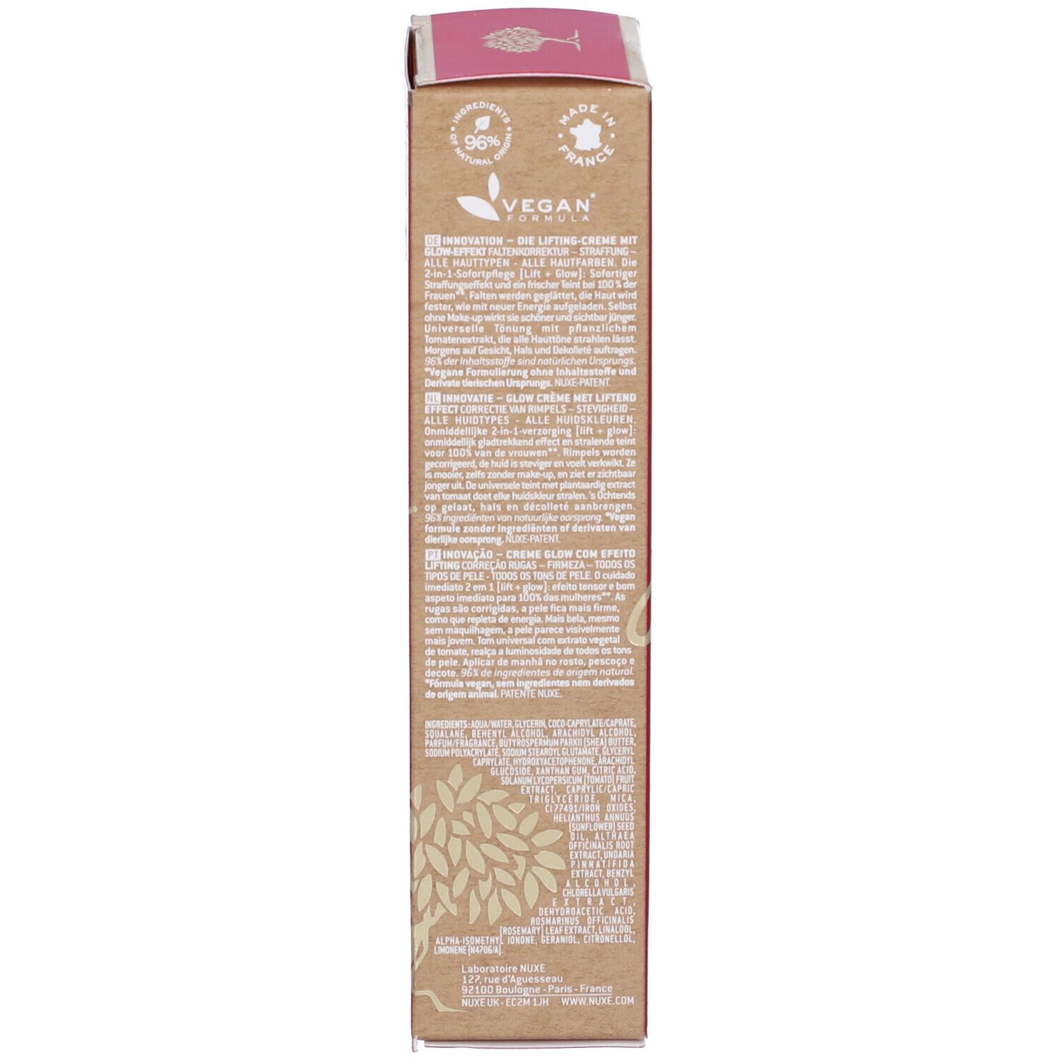 Retro della scatola. Testo multilingue. Logo vegano. Informazioni produttore. Logo albero.