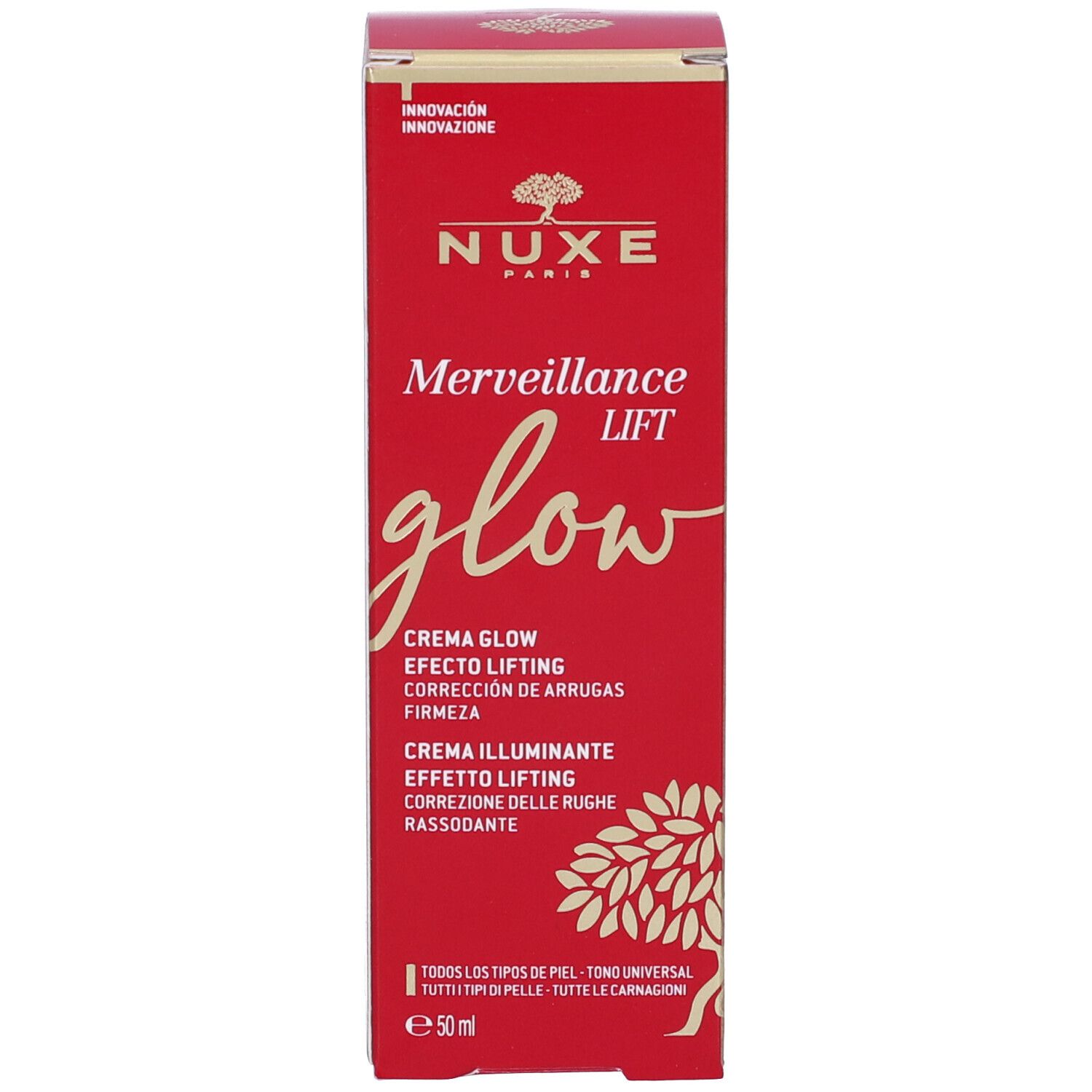 Scatola rossa con scritte: Nuxe, Merveillance Lift glow. Testo: Crema glow, Efecto lifting, Correzione rughe, Rassodante. Tutti i tipi di pelle.