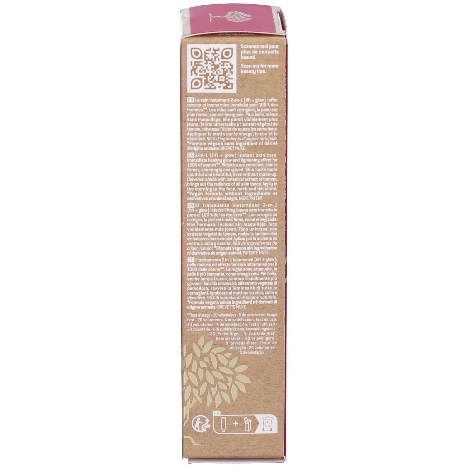 Retro della scatola. Testo multilingue. Codice QR. Informazioni produttore. Logo albero.
